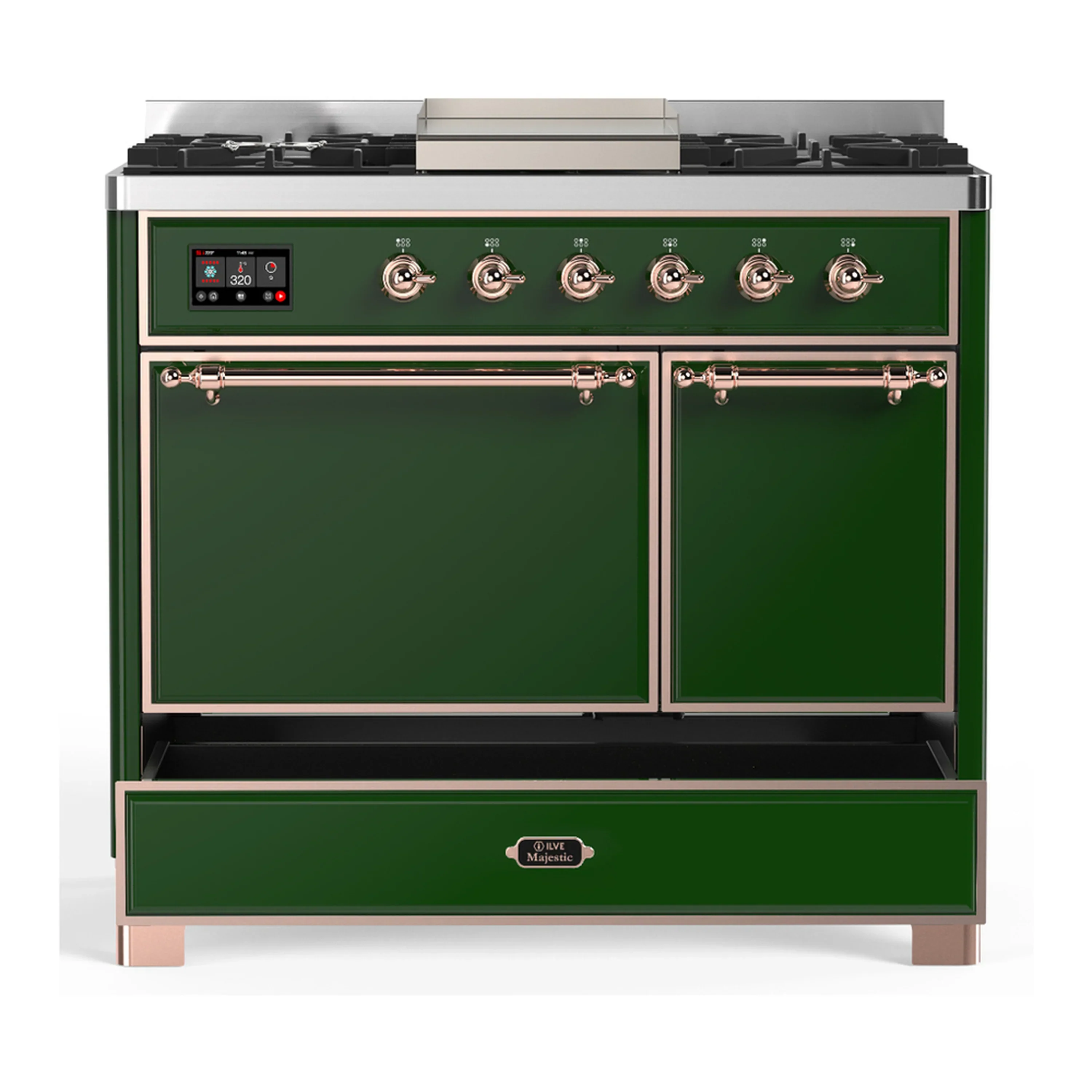 ILVE Majestic III 40-inch Dual Fuel Range with 6 Natural Gas Burner, Griddle and Solid Door Electric Oven in Emerald Green with Copper Trim (UMD40FQNR3EGP) - Image 3