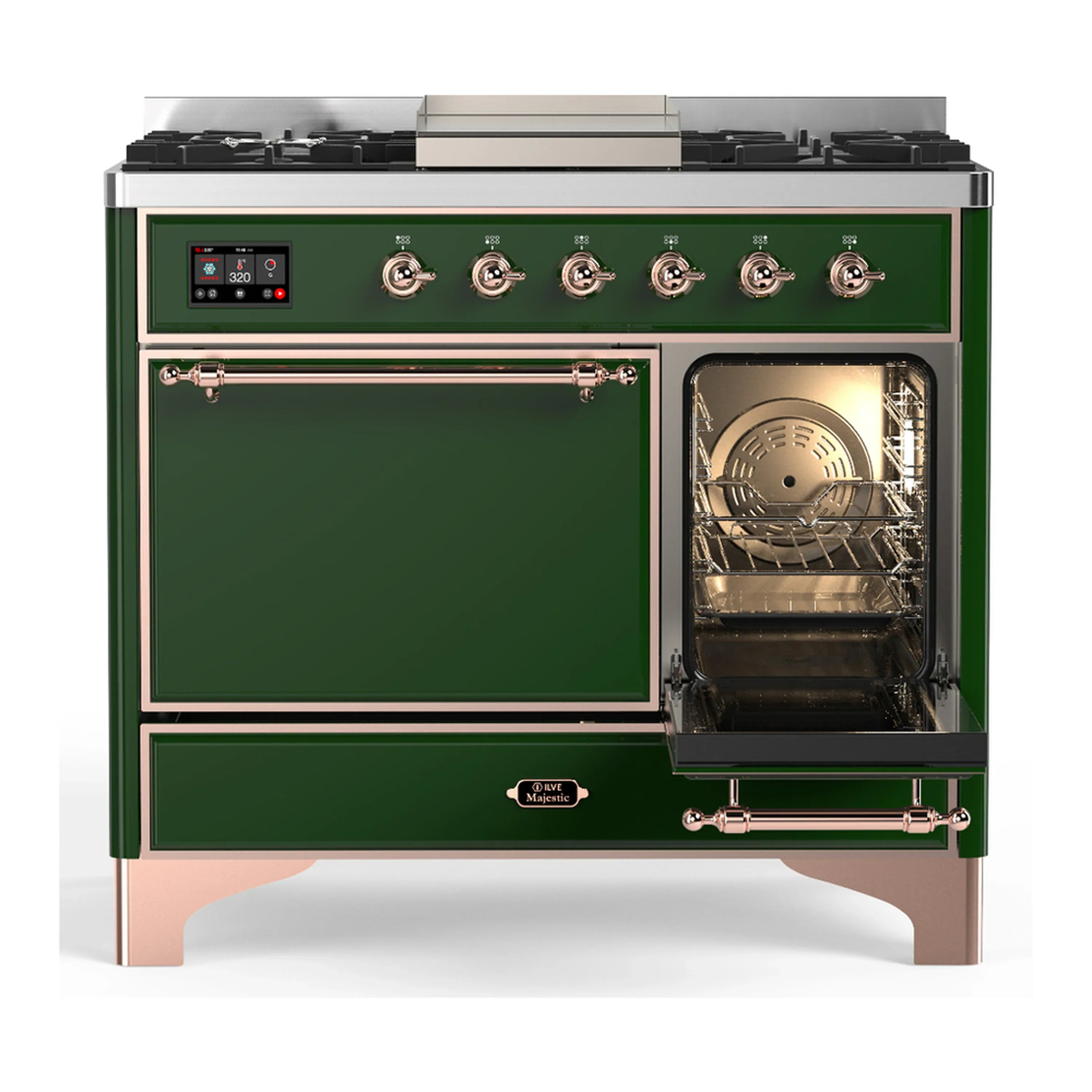 ILVE Majestic III 40-inch Dual Fuel Range with 6 Natural Gas Burner, Griddle and Solid Door Electric Oven in Emerald Green with Copper Trim (UMD40FQNR3EGP) - Image 4