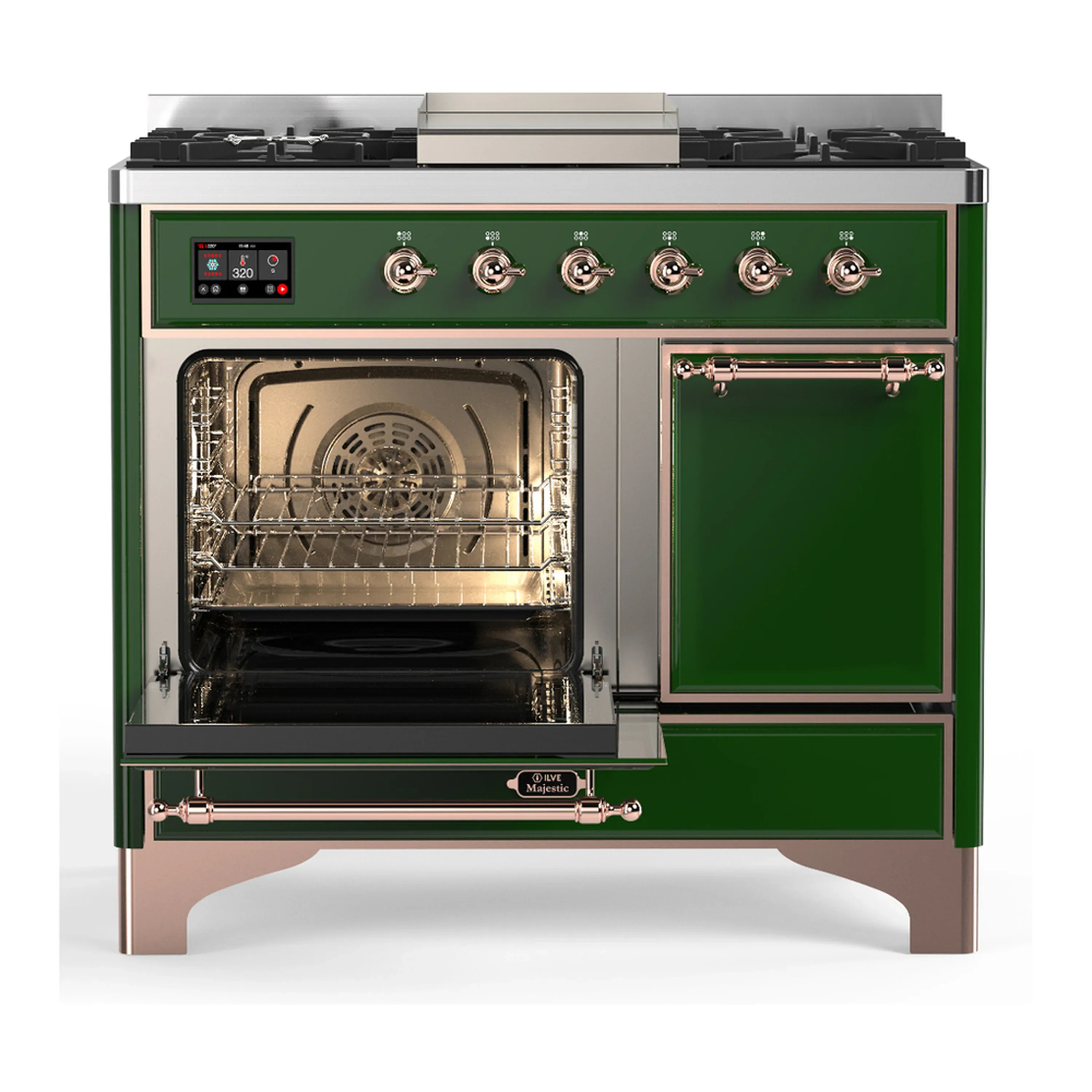 ILVE Majestic III 40-inch Dual Fuel Range with 6 Natural Gas Burner, Griddle and Solid Door Electric Oven in Emerald Green with Copper Trim (UMD40FQNR3EGP) - Image 5