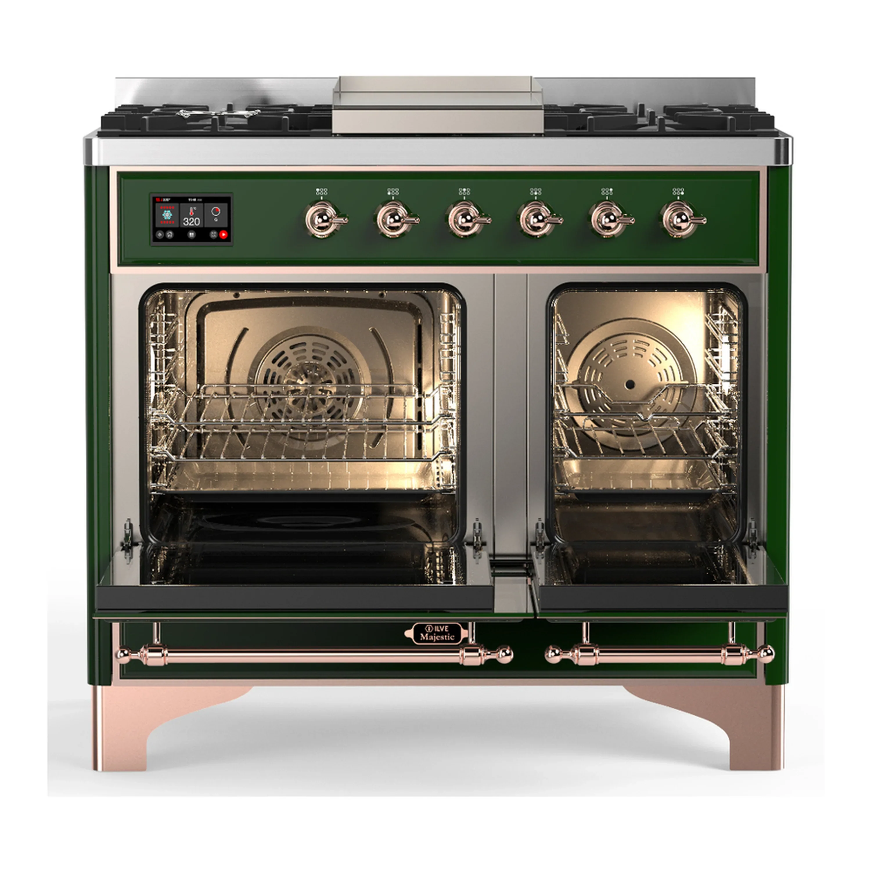 ILVE Majestic III 40-inch Dual Fuel Range with 6 Natural Gas Burner, Griddle and Solid Door Electric Oven in Emerald Green with Copper Trim (UMD40FQNR3EGP) - Image 6