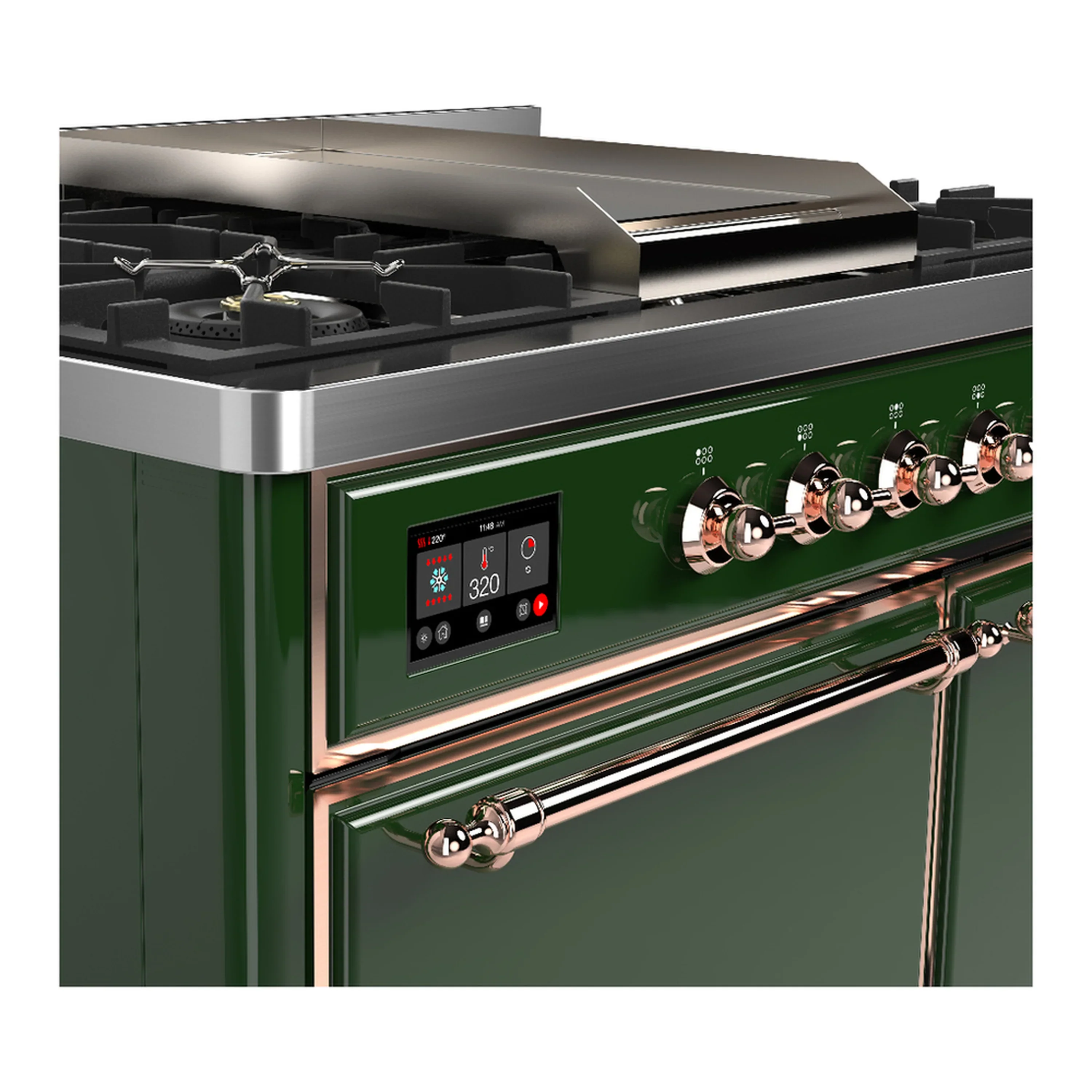 ILVE Majestic III 40-inch Dual Fuel Range with 6 Natural Gas Burner, Griddle and Solid Door Electric Oven in Emerald Green with Copper Trim (UMD40FQNR3EGP) - Image 7