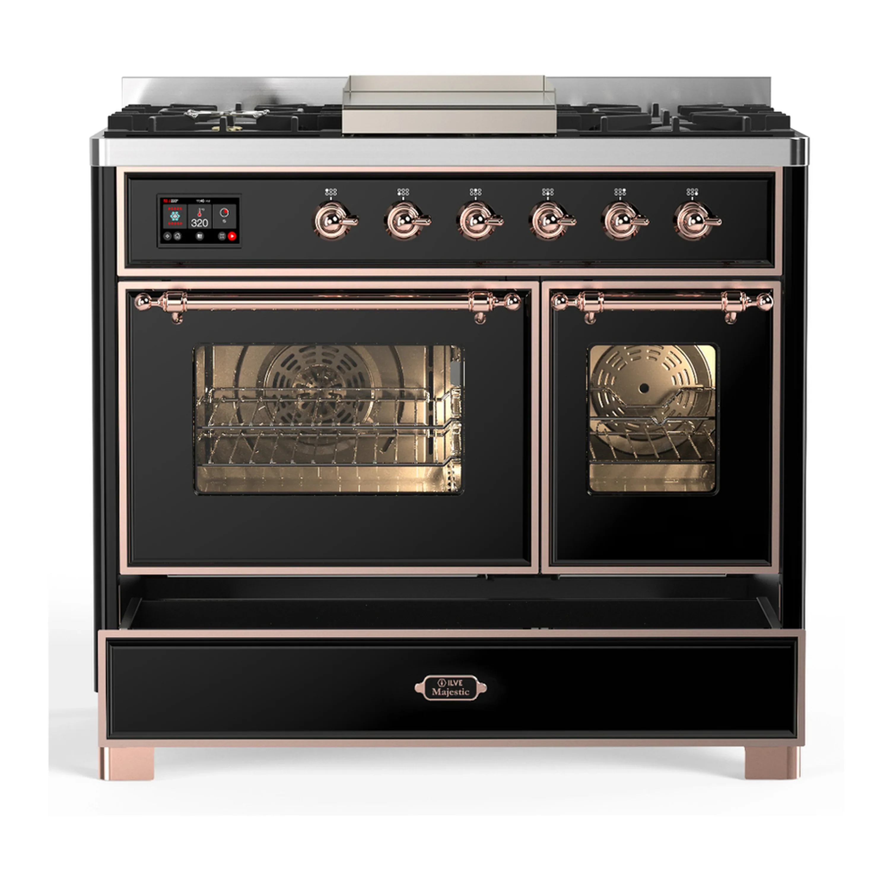 ILVE Majestic III 40-inch Dual Fuel Range with 5 Liquid Propane Burner, Griddle and Triple Glass Door Electric Oven in Glossy Black with Copper Trim (UMD40FNR3BKPLP) - Image 3