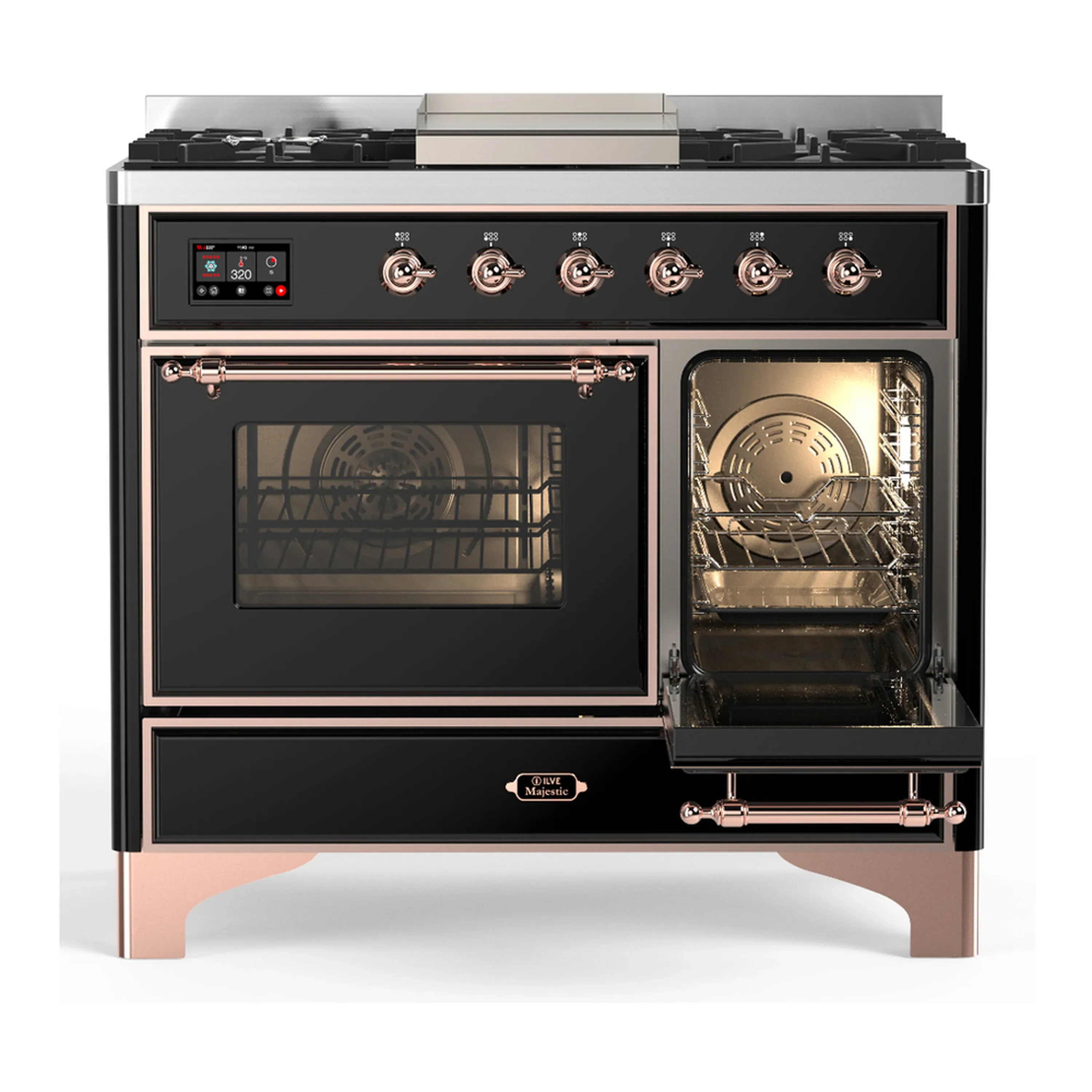 ILVE Majestic III 40-inch Dual Fuel Range with 5 Liquid Propane Burner, Griddle and Triple Glass Door Electric Oven in Glossy Black with Copper Trim (UMD40FNR3BKPLP) - Image 4