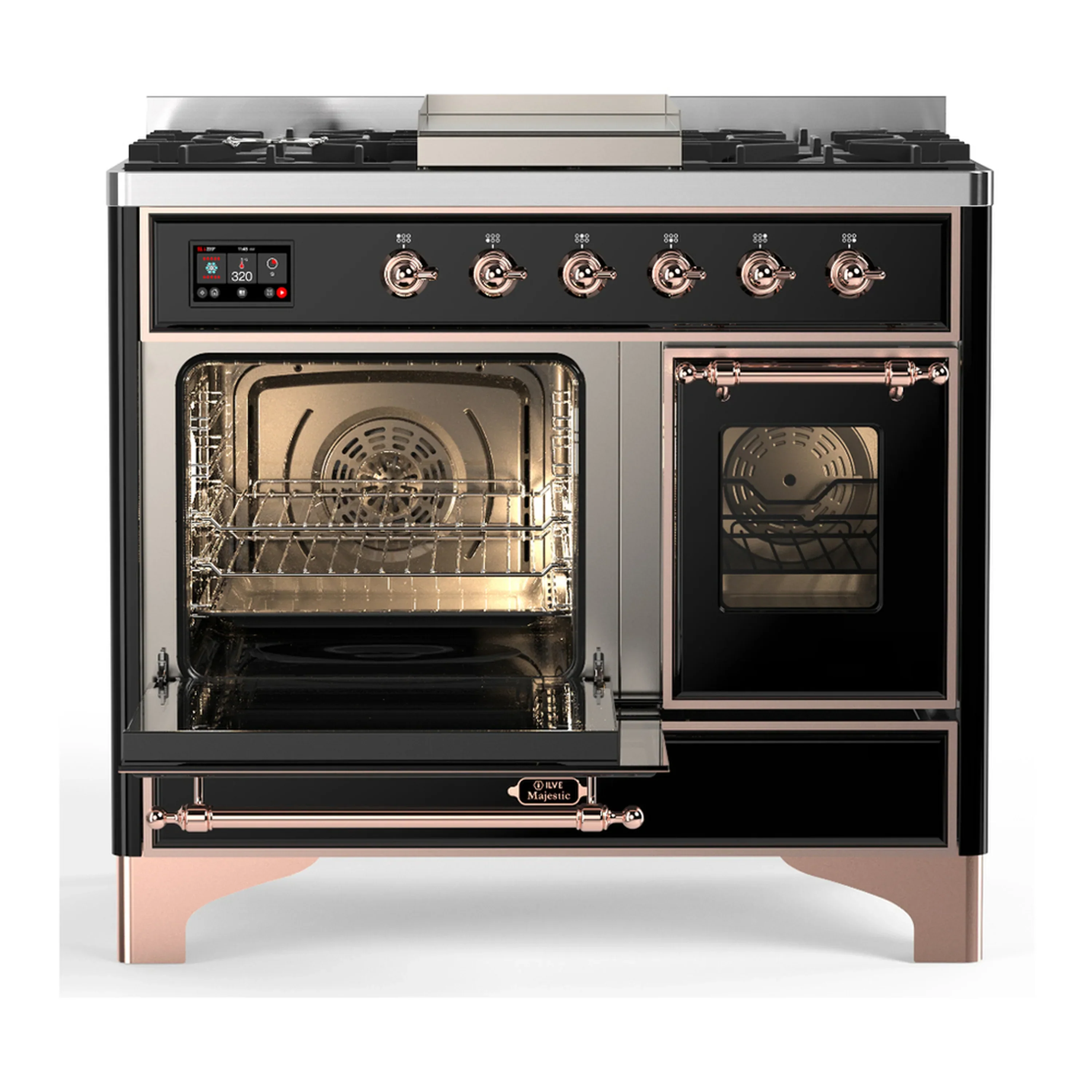 ILVE Majestic III 40-inch Dual Fuel Range with 5 Liquid Propane Burner, Griddle and Triple Glass Door Electric Oven in Glossy Black with Copper Trim (UMD40FNR3BKPLP) - Image 5