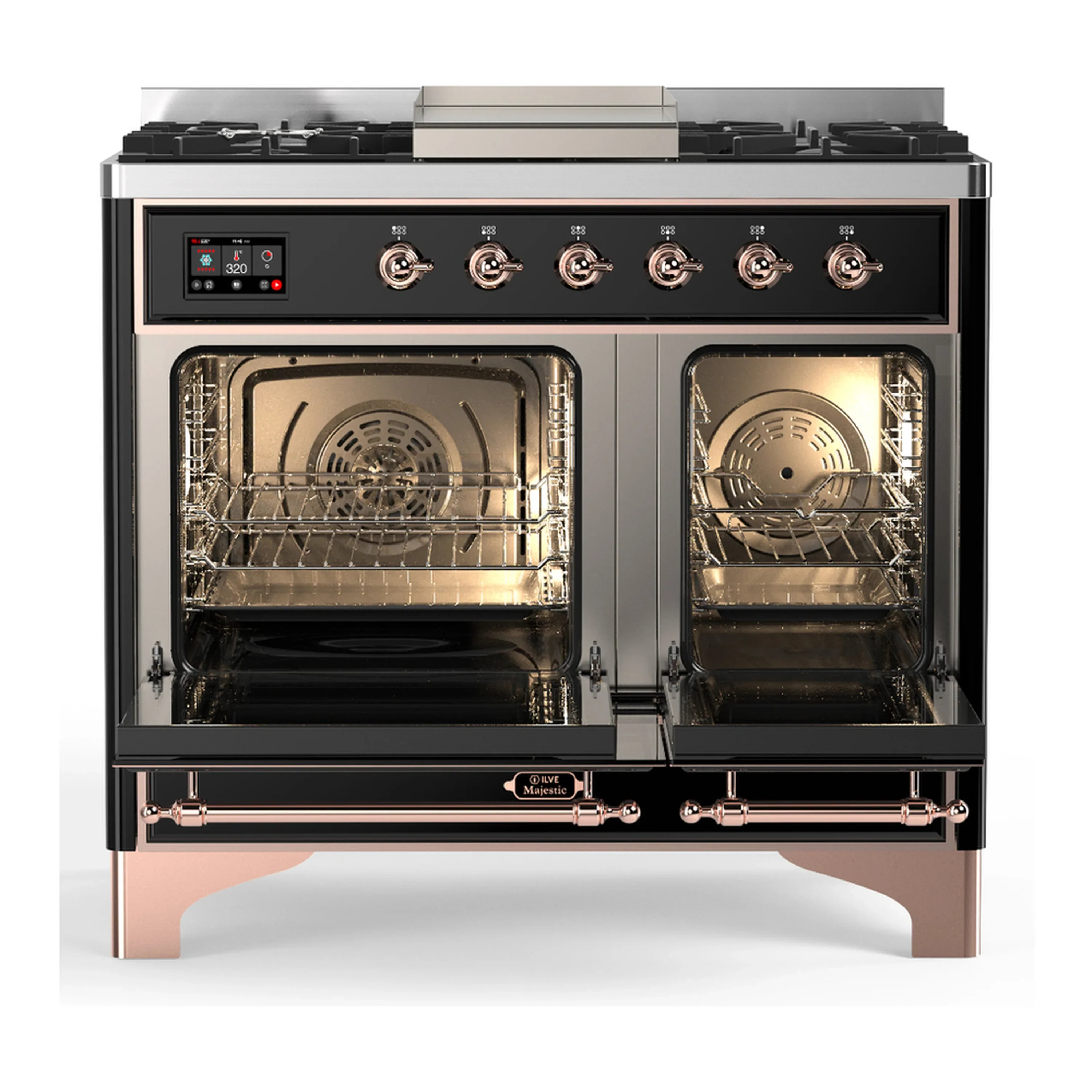 ILVE Majestic III 40-inch Dual Fuel Range with 5 Liquid Propane Burner, Griddle and Triple Glass Door Electric Oven in Glossy Black with Copper Trim (UMD40FNR3BKPLP) - Image 6