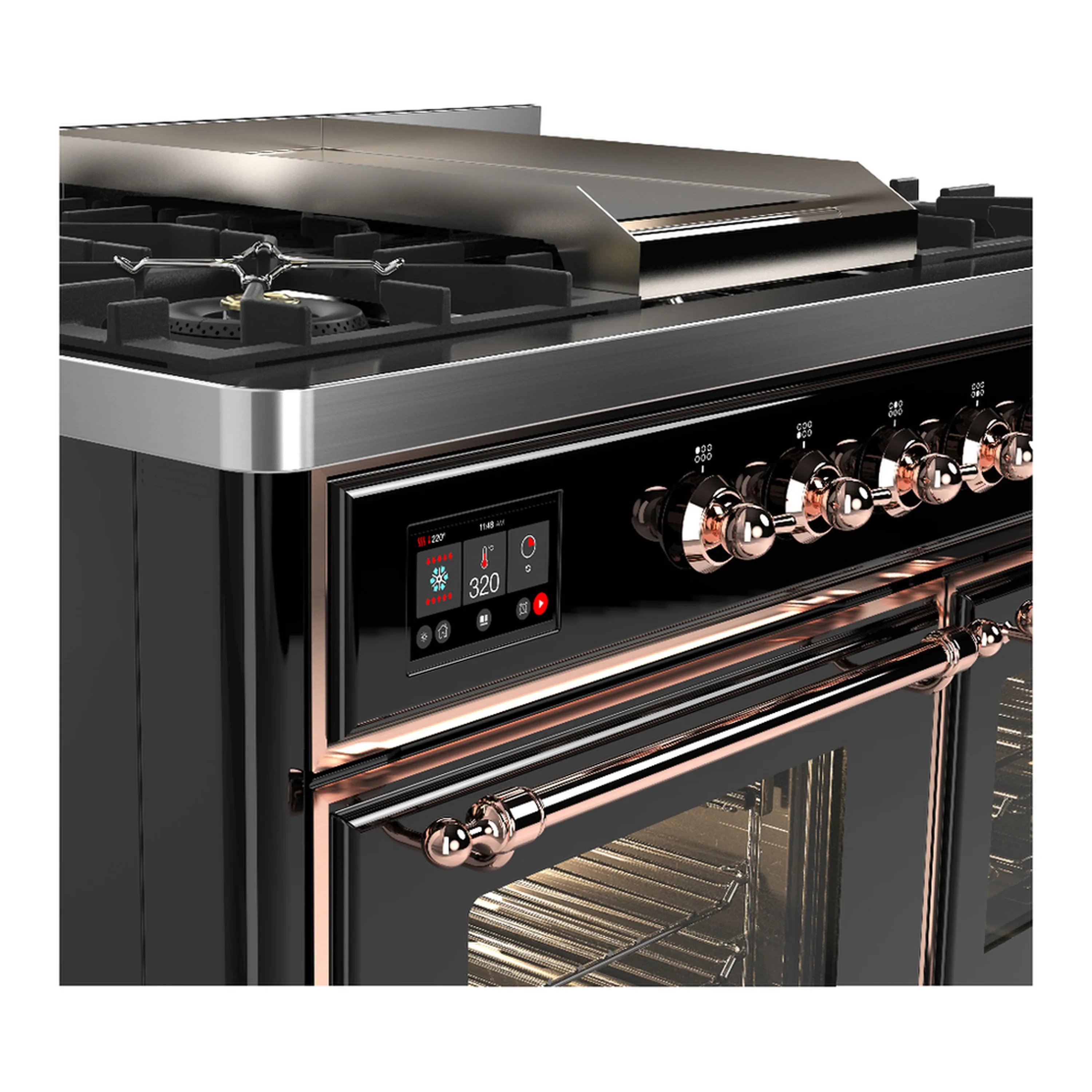 ILVE Majestic III 40-inch Dual Fuel Range with 5 Liquid Propane Burner, Griddle and Triple Glass Door Electric Oven in Glossy Black with Copper Trim (UMD40FNR3BKPLP) - Image 7