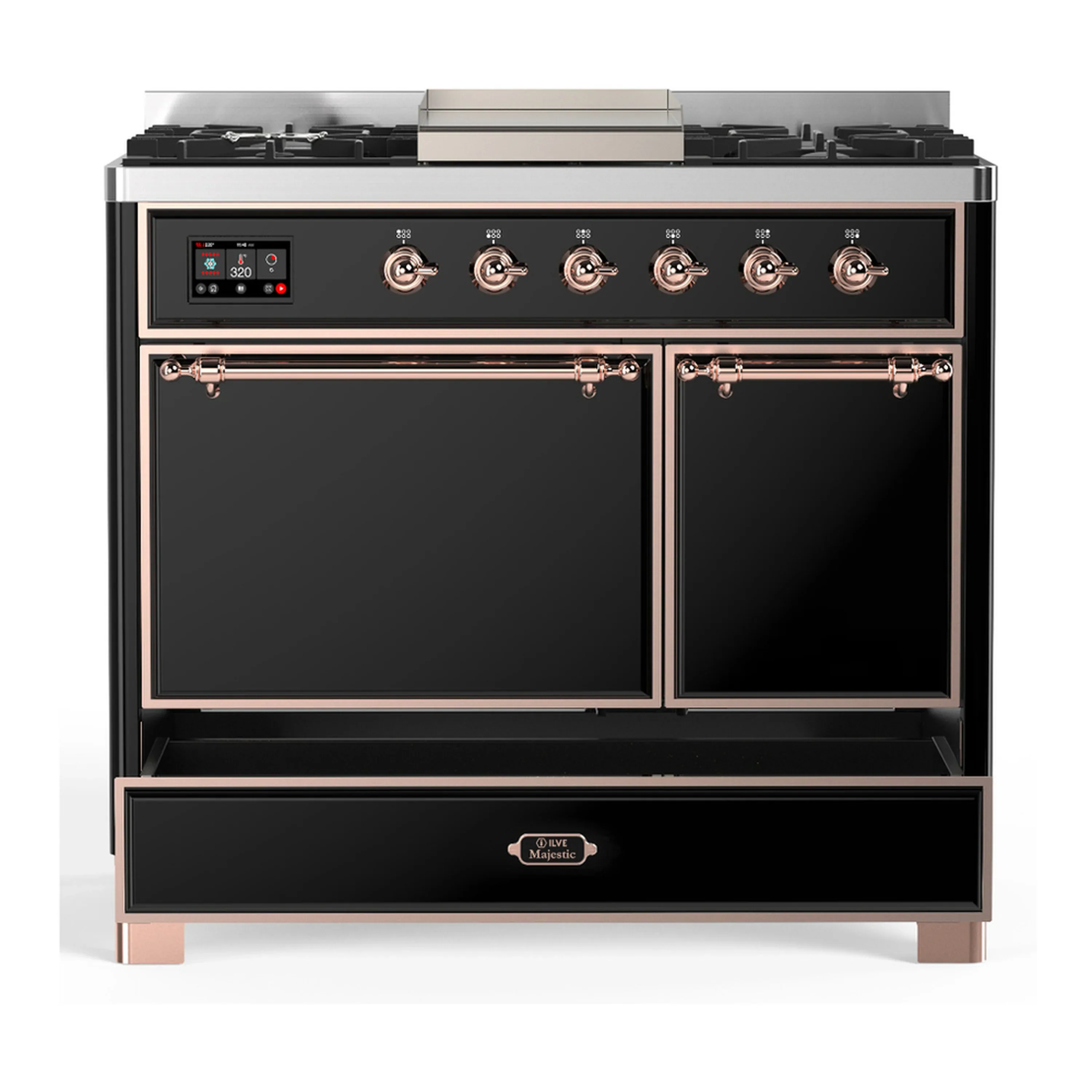 ILVE Majestic III 40-inch Dual Fuel Range with 6 Natural Gas Burner, Griddle and Solid Door Electric Oven in Glossy Black with Copper Trim (UMD40FQNR3BKP) - Image 3