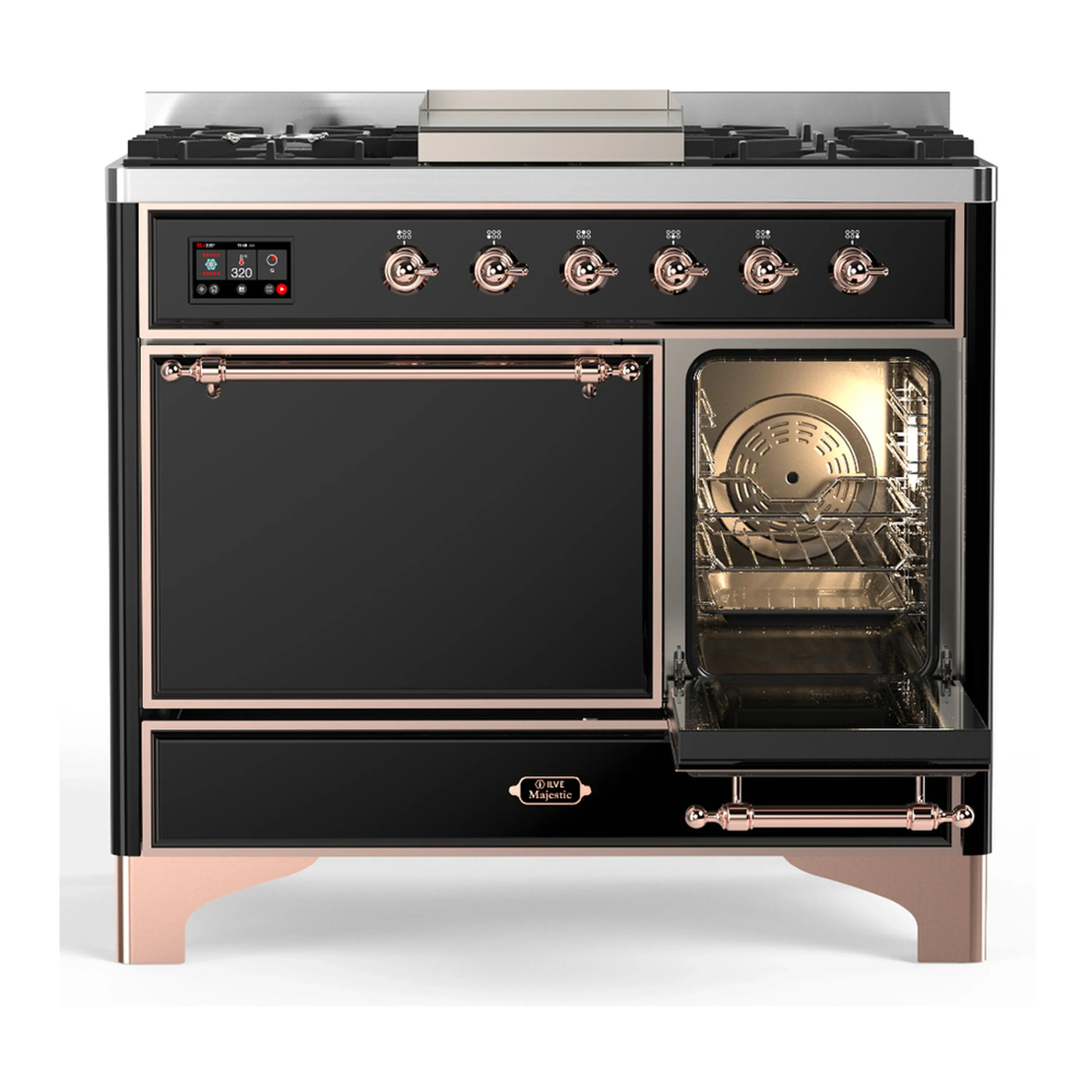ILVE Majestic III 40-inch Dual Fuel Range with 6 Natural Gas Burner, Griddle and Solid Door Electric Oven in Glossy Black with Copper Trim (UMD40FQNR3BKP) - Image 4