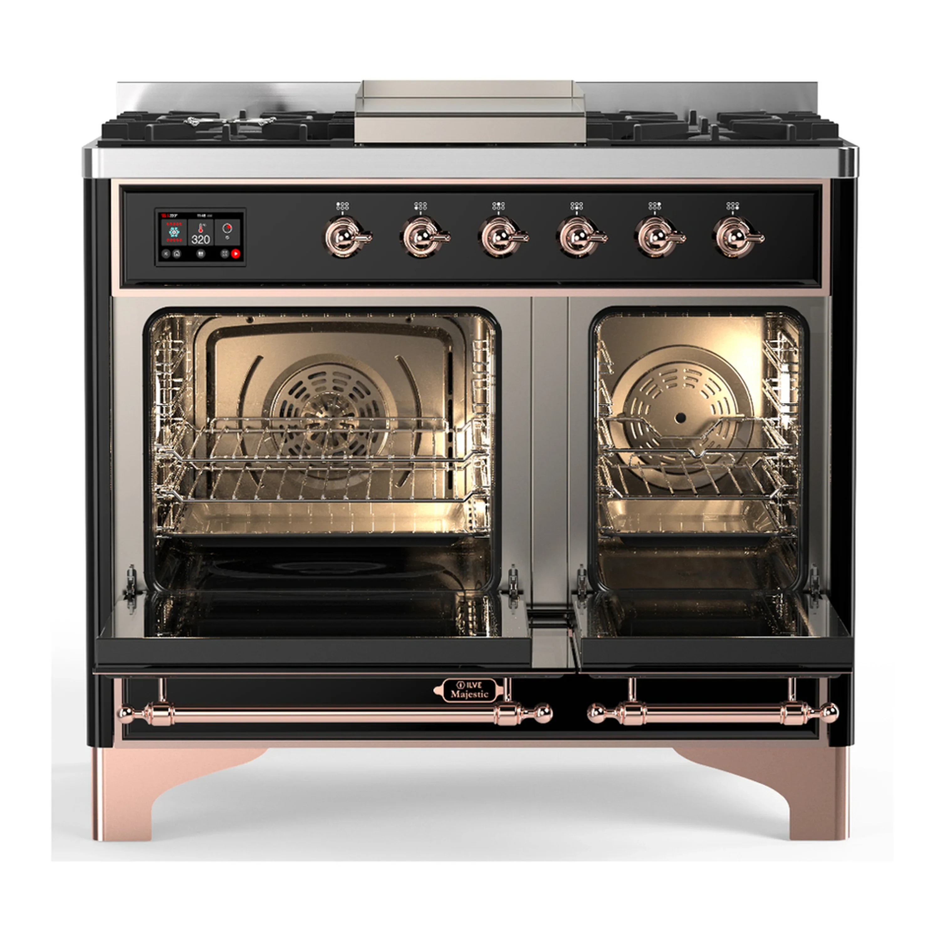ILVE Majestic III 40-inch Dual Fuel Range with 6 Natural Gas Burner, Griddle and Solid Door Electric Oven in Glossy Black with Copper Trim (UMD40FQNR3BKP) - Image 6