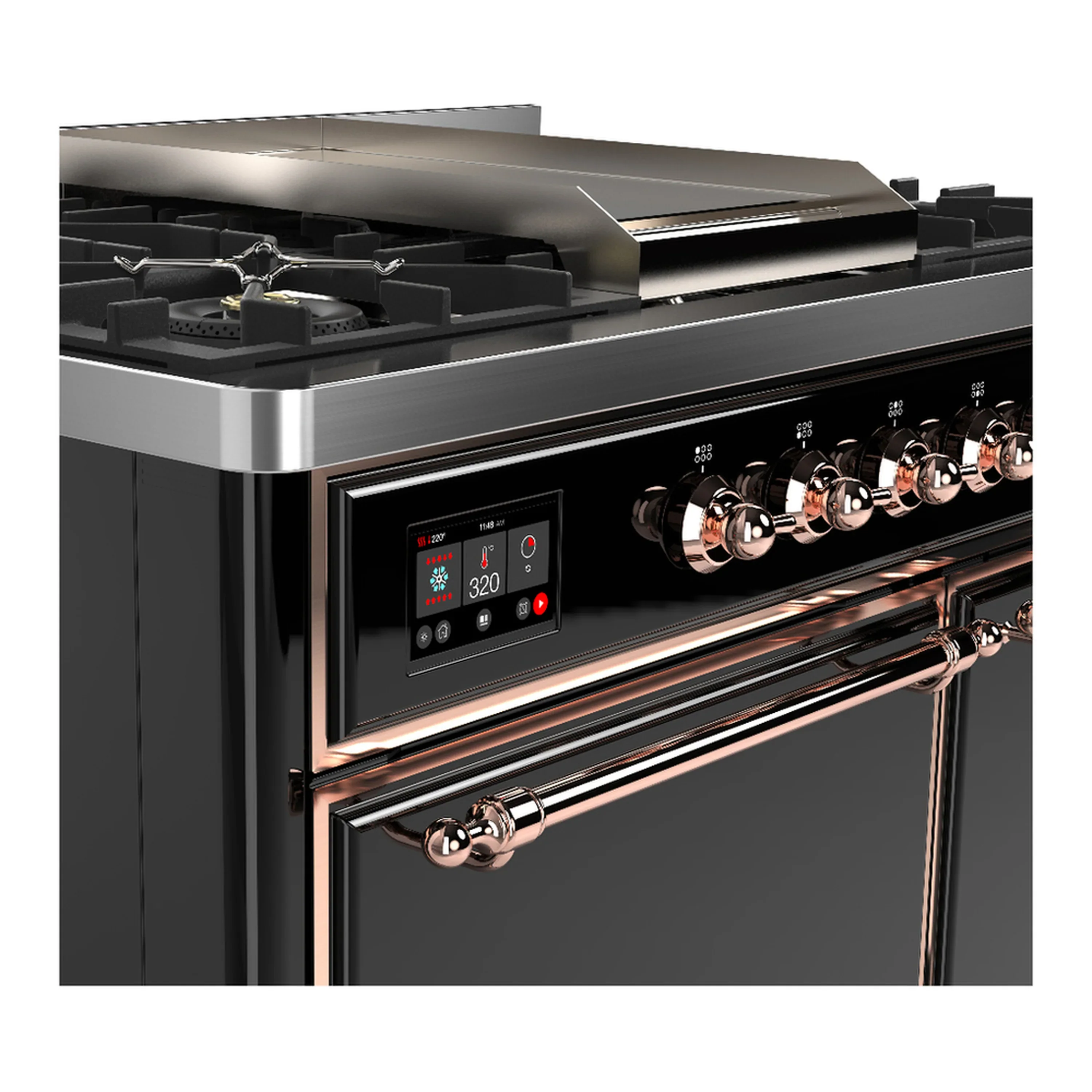ILVE Majestic III 40-inch Dual Fuel Range with 6 Natural Gas Burner, Griddle and Solid Door Electric Oven in Glossy Black with Copper Trim (UMD40FQNR3BKP) - Image 7