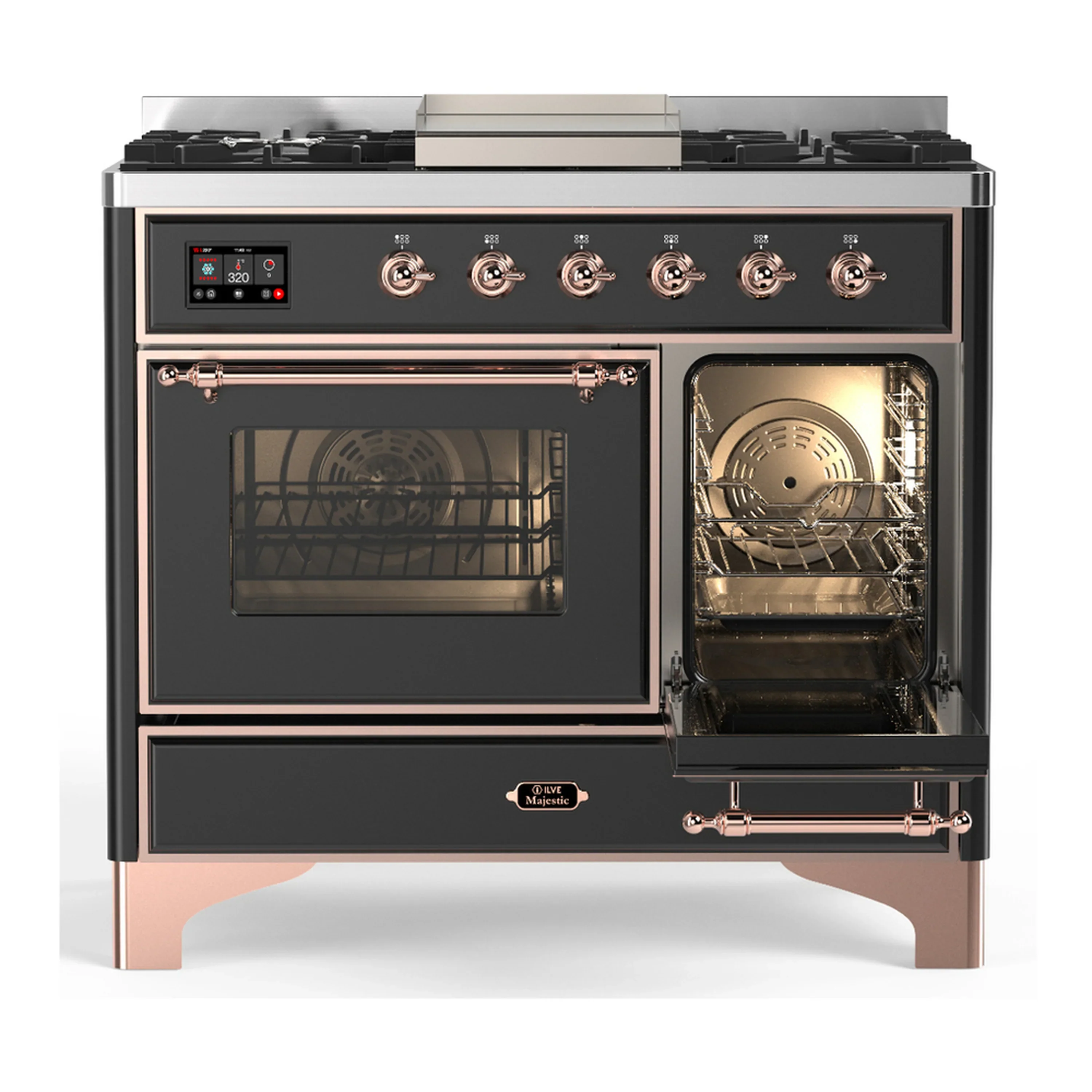 ILVE Majestic III 40-inch Dual Fuel Range with 6 Natural Gas Burner, Griddle and Triple Glass Door Electric Oven in Graphite Matte with Copper Trim (UMD40FNR3MGP) - Image 4