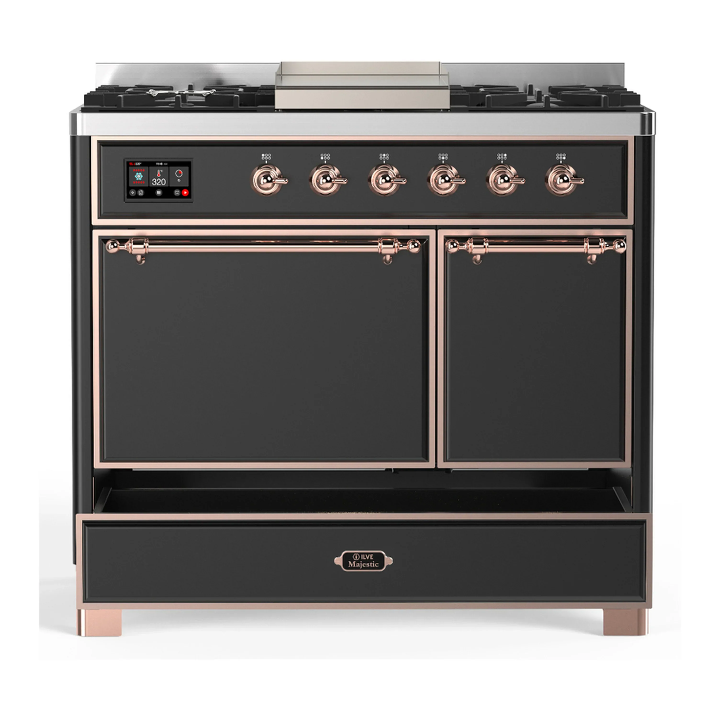 ILVE Majestic III 40-inch Dual Fuel Range with 5 Liquid Propane Burner, Griddle and Solid Door Electric Oven in Graphite Matte with Copper Trim (UMD40FQNR3MGPLP) - Image 3