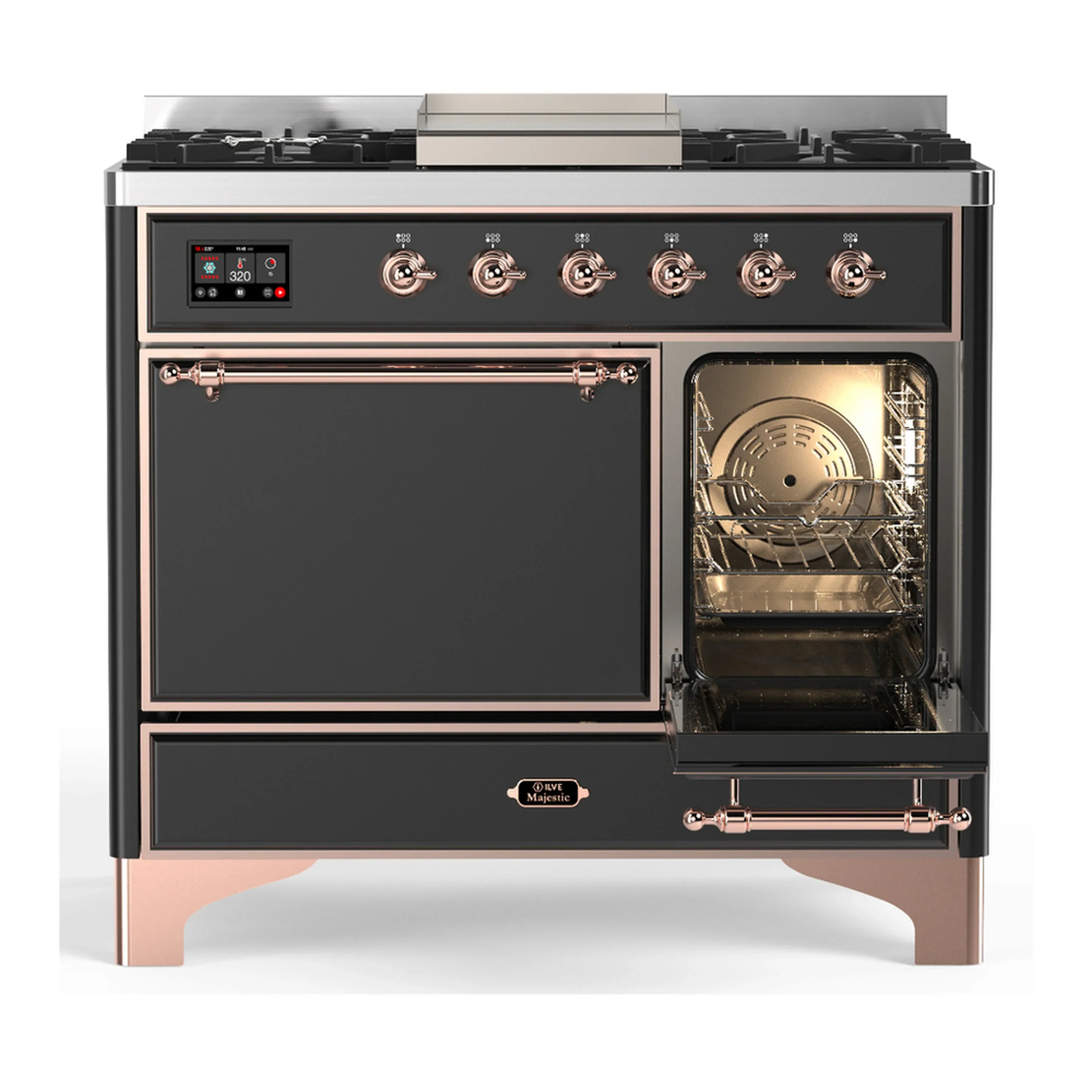ILVE Majestic III 40-inch Dual Fuel Range with 5 Liquid Propane Burner, Griddle and Solid Door Electric Oven in Graphite Matte with Copper Trim (UMD40FQNR3MGPLP) - Image 4