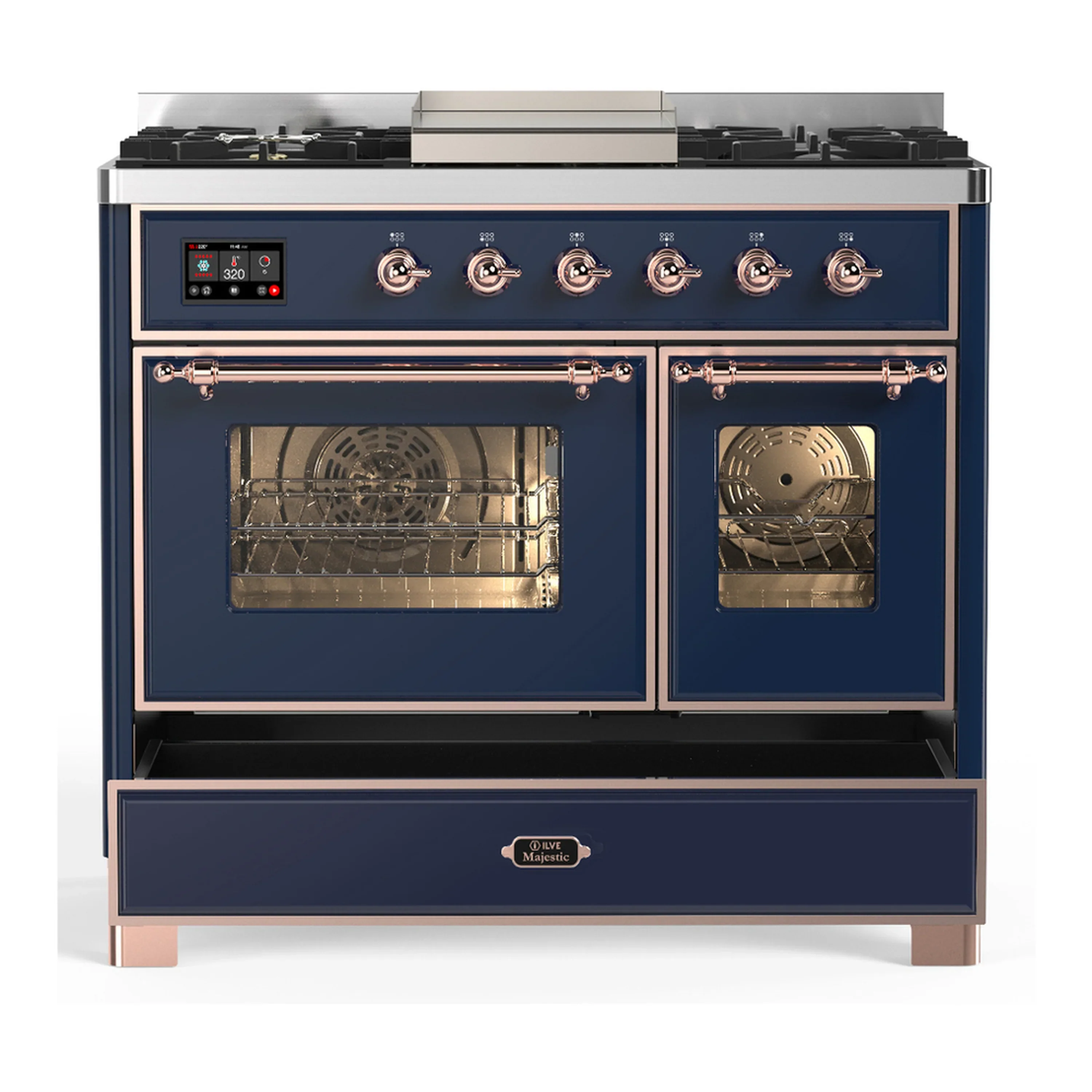 ILVE Majestic III 40-inch Dual Fuel Range with 6 Natural Gas Burner, Griddle and Triple Glass Door Electric Oven in Midnight Blue with Copper Trim (UMD40FNR3MBP) - Image 3