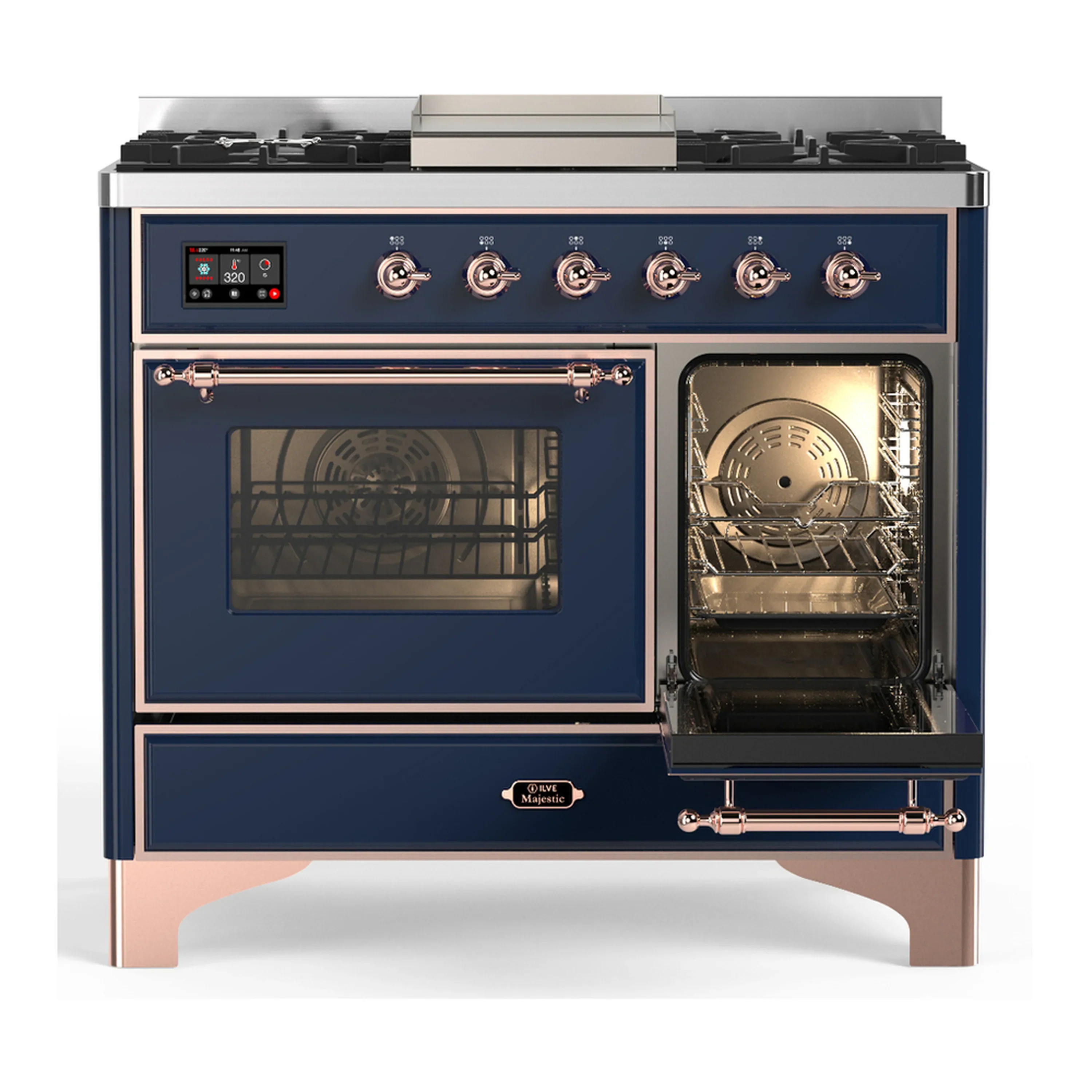 ILVE Majestic III 40-inch Dual Fuel Range with 6 Natural Gas Burner, Griddle and Triple Glass Door Electric Oven in Midnight Blue with Copper Trim (UMD40FNR3MBP) - Image 4