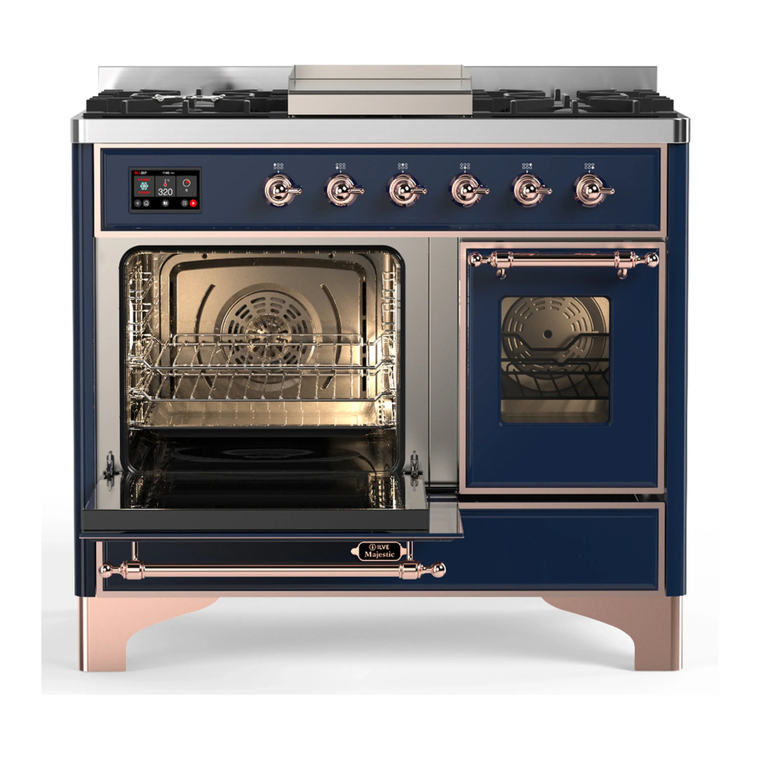ILVE Majestic III 40-inch Dual Fuel Range with 6 Natural Gas Burner, Griddle and Triple Glass Door Electric Oven in Midnight Blue with Copper Trim (UMD40FNR3MBP) - Image 5