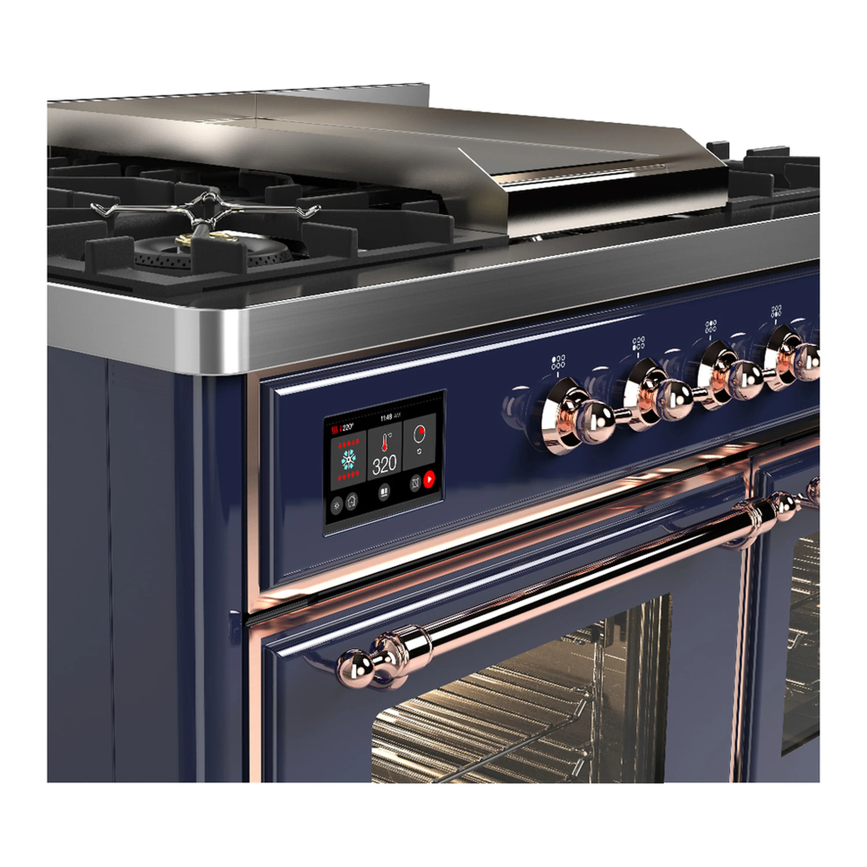 ILVE Majestic III 40-inch Dual Fuel Range with 6 Natural Gas Burner, Griddle and Triple Glass Door Electric Oven in Midnight Blue with Copper Trim (UMD40FNR3MBP) - Image 7