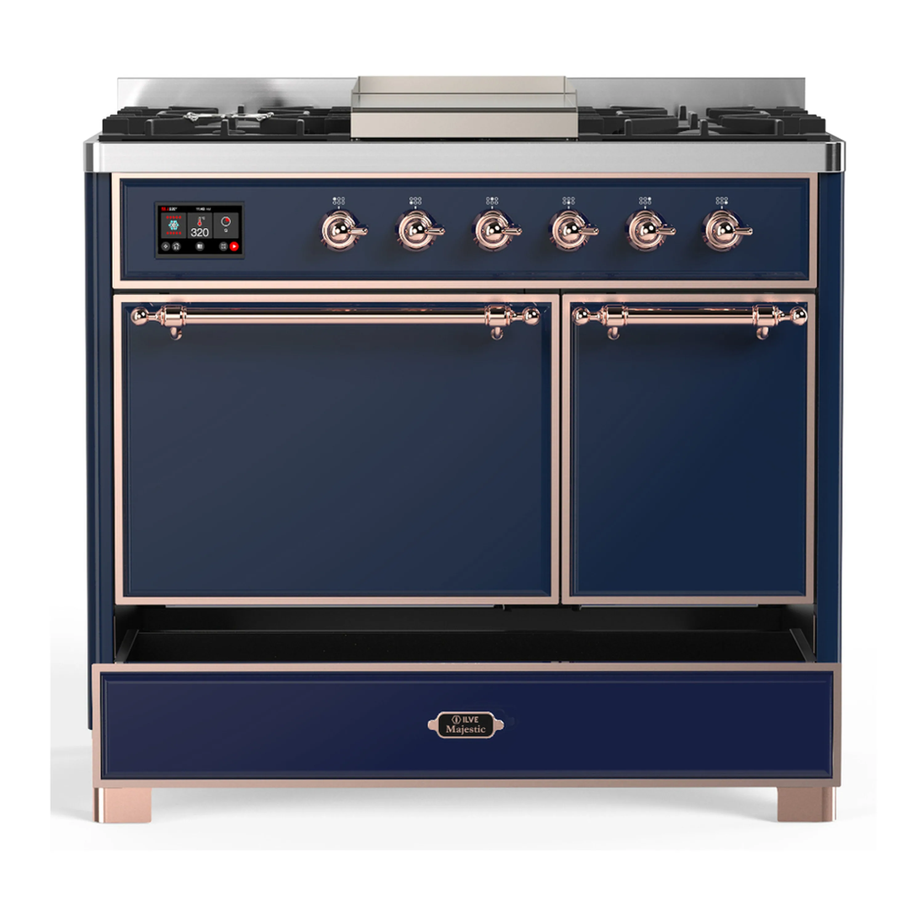 ILVE Majestic III 40-inch Dual Fuel Range with 6 Natural Gas Burner, Griddle and Solid Door Electric Oven in Midnight Blue with Copper Trim (UMD40FQNR3MBP) - Image 3