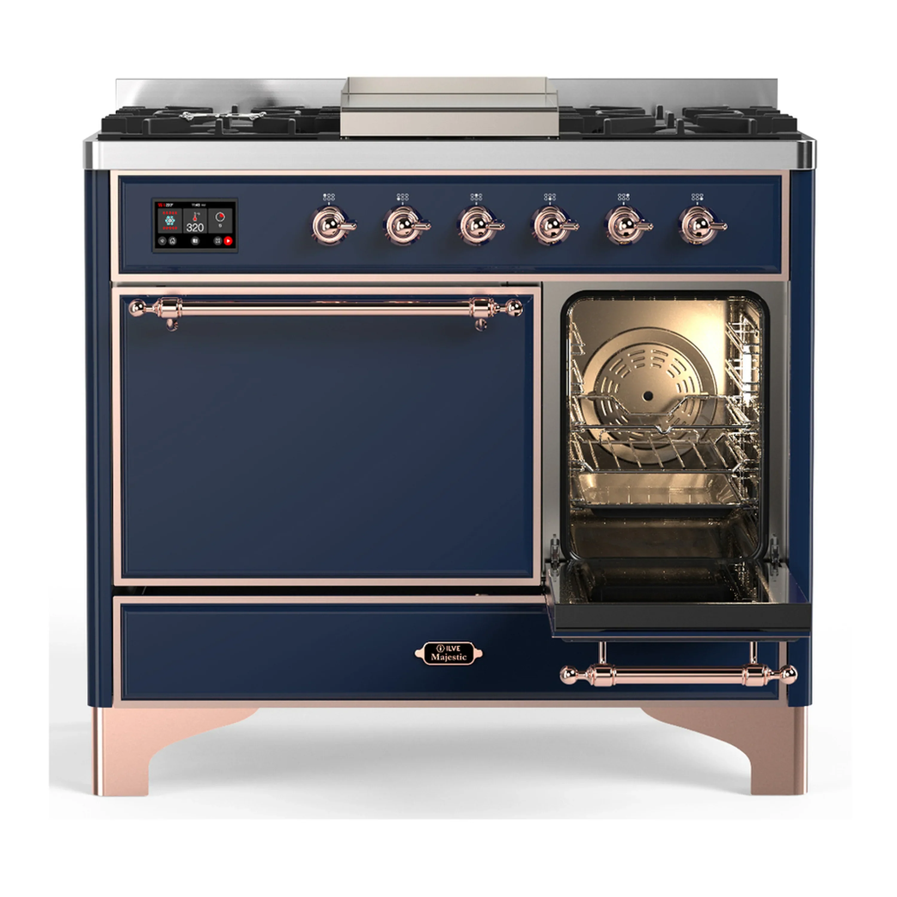 ILVE Majestic III 40-inch Dual Fuel Range with 6 Natural Gas Burner, Griddle and Solid Door Electric Oven in Midnight Blue with Copper Trim (UMD40FQNR3MBP) - Image 4