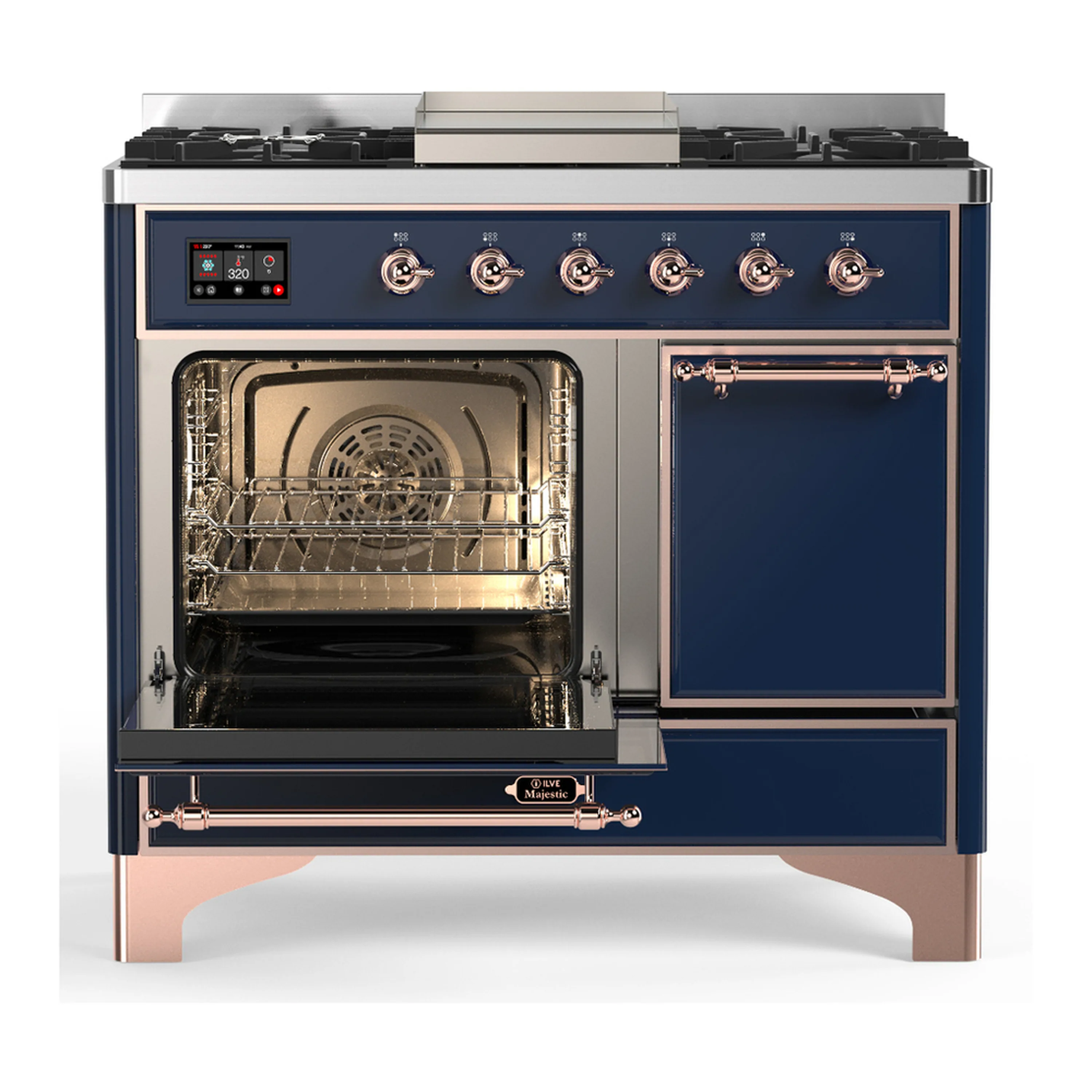 ILVE Majestic III 40-inch Dual Fuel Range with 6 Natural Gas Burner, Griddle and Solid Door Electric Oven in Midnight Blue with Copper Trim (UMD40FQNR3MBP) - Image 5
