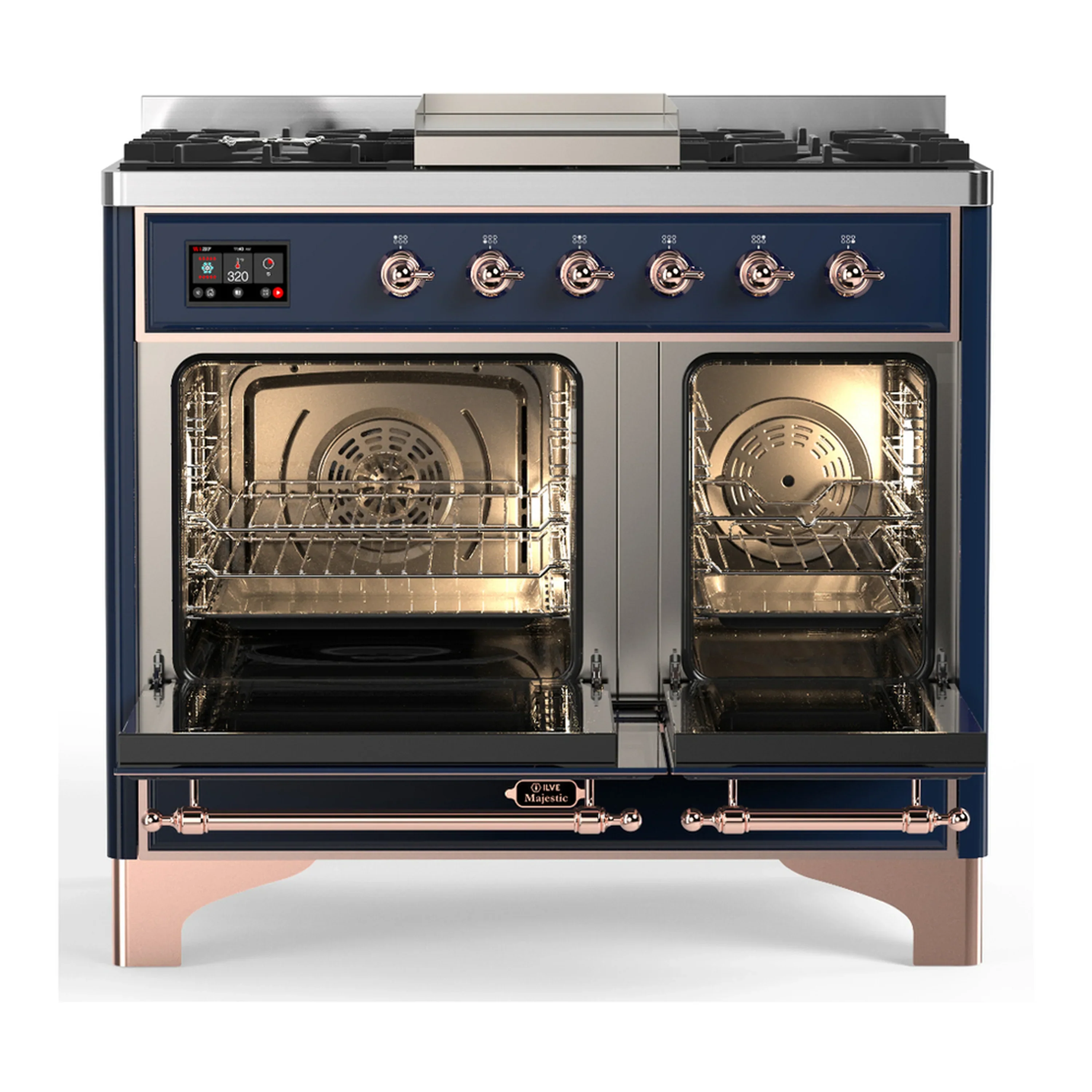 ILVE Majestic III 40-inch Dual Fuel Range with 6 Natural Gas Burner, Griddle and Solid Door Electric Oven in Midnight Blue with Copper Trim (UMD40FQNR3MBP) - Image 6