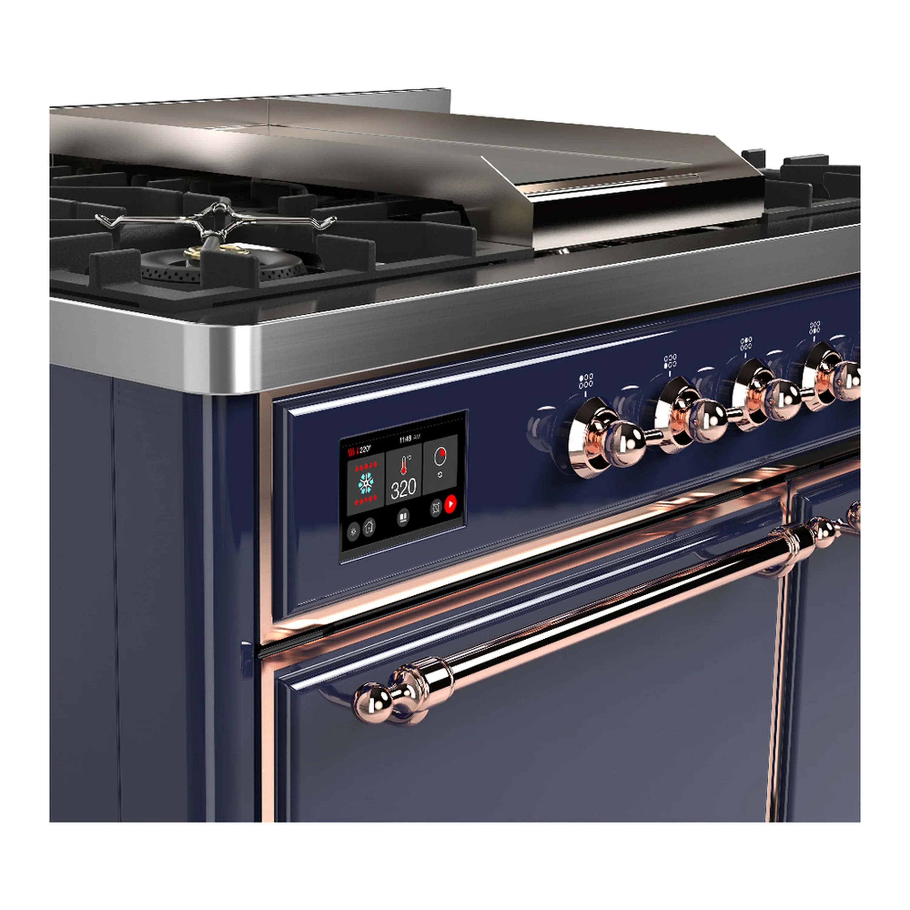 ILVE Majestic III 40-inch Dual Fuel Range with 6 Natural Gas Burner, Griddle and Solid Door Electric Oven in Midnight Blue with Copper Trim (UMD40FQNR3MBP) - Image 7