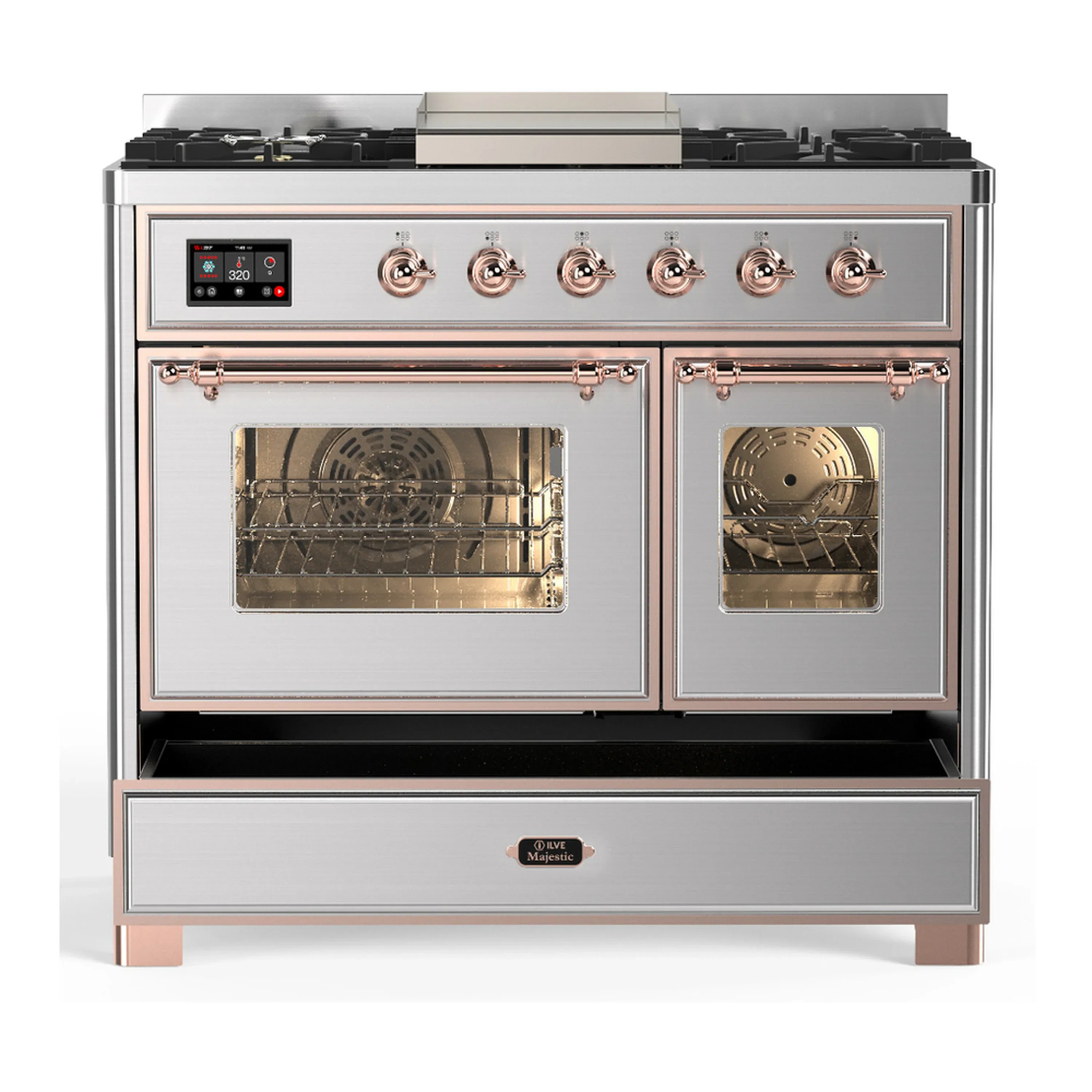 ILVE Majestic III 40-inch Dual Fuel Range with 6 Natural Gas Burner, Griddle and Triple Glass Door Electric Oven in Stainless Steel with Copper Trim (UMD40FNR3SSP) - Image 3