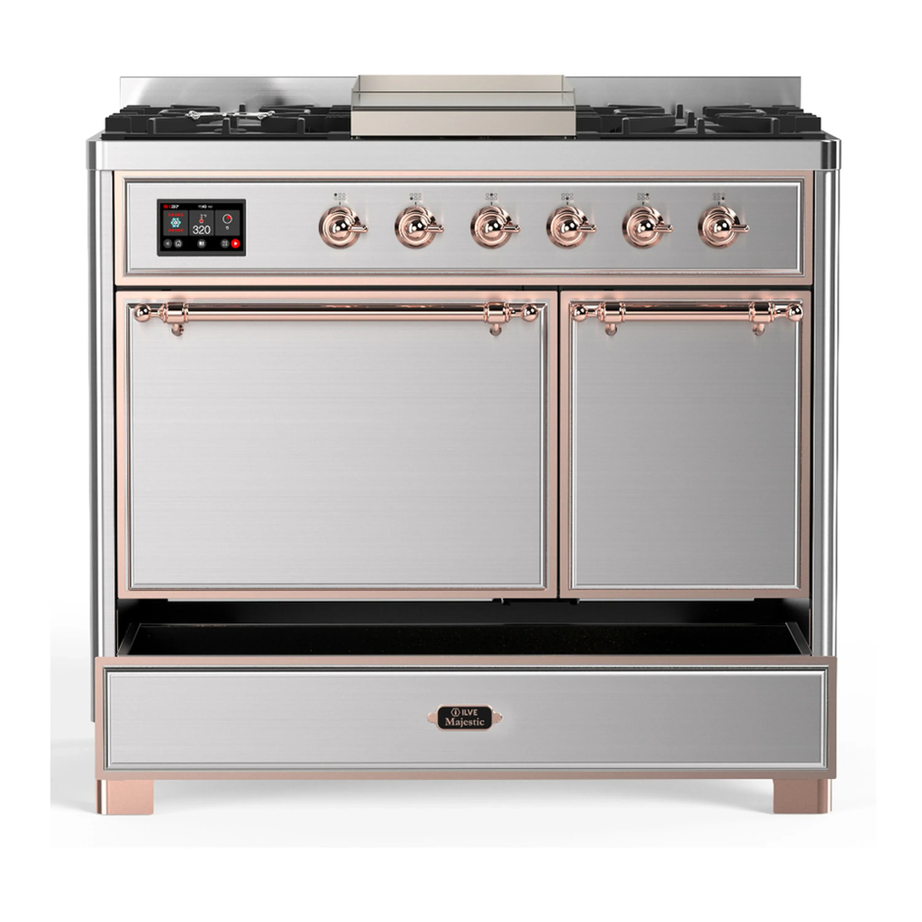 ILVE Majestic III 40-inch Dual Fuel Range with 6 Natural Gas Burner, Griddle and Solid Door Electric Oven in Stainless Steel with Copper Trim (UMD40FQNR3SSP) - Image 3