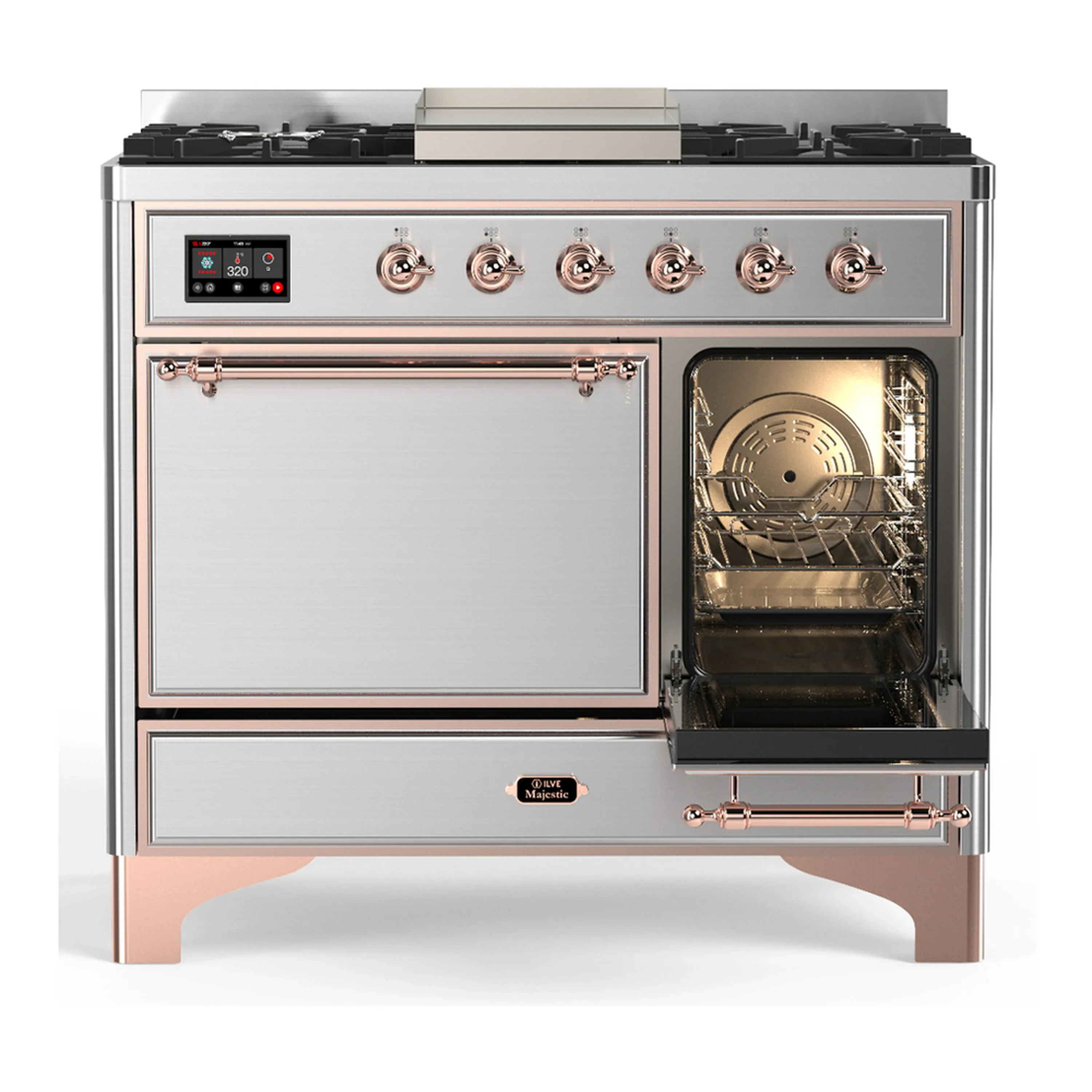 ILVE Majestic III 40-inch Dual Fuel Range with 6 Natural Gas Burner, Griddle and Solid Door Electric Oven in Stainless Steel with Copper Trim (UMD40FQNR3SSP) - Image 4
