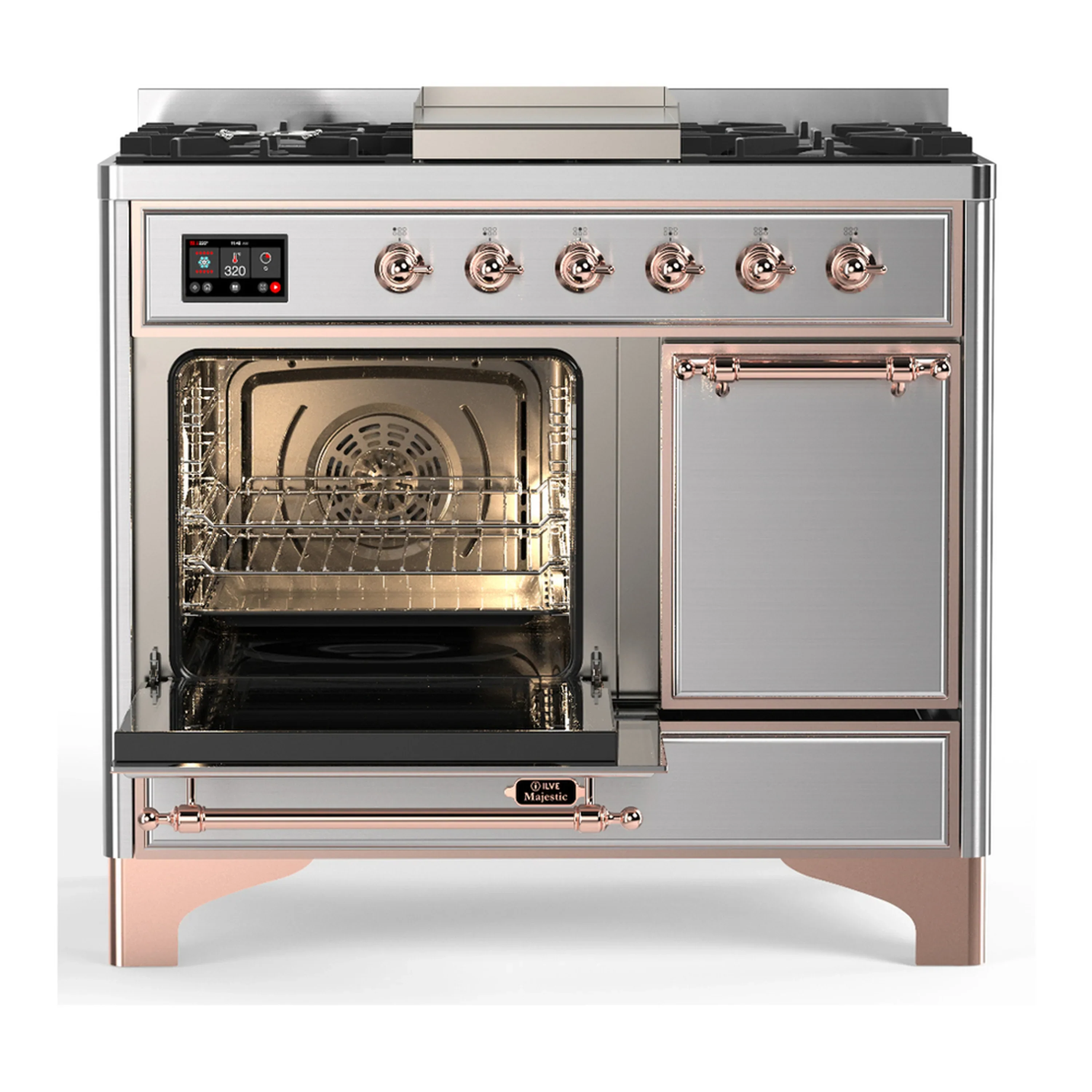ILVE Majestic III 40-inch Dual Fuel Range with 6 Natural Gas Burner, Griddle and Solid Door Electric Oven in Stainless Steel with Copper Trim (UMD40FQNR3SSP) - Image 5