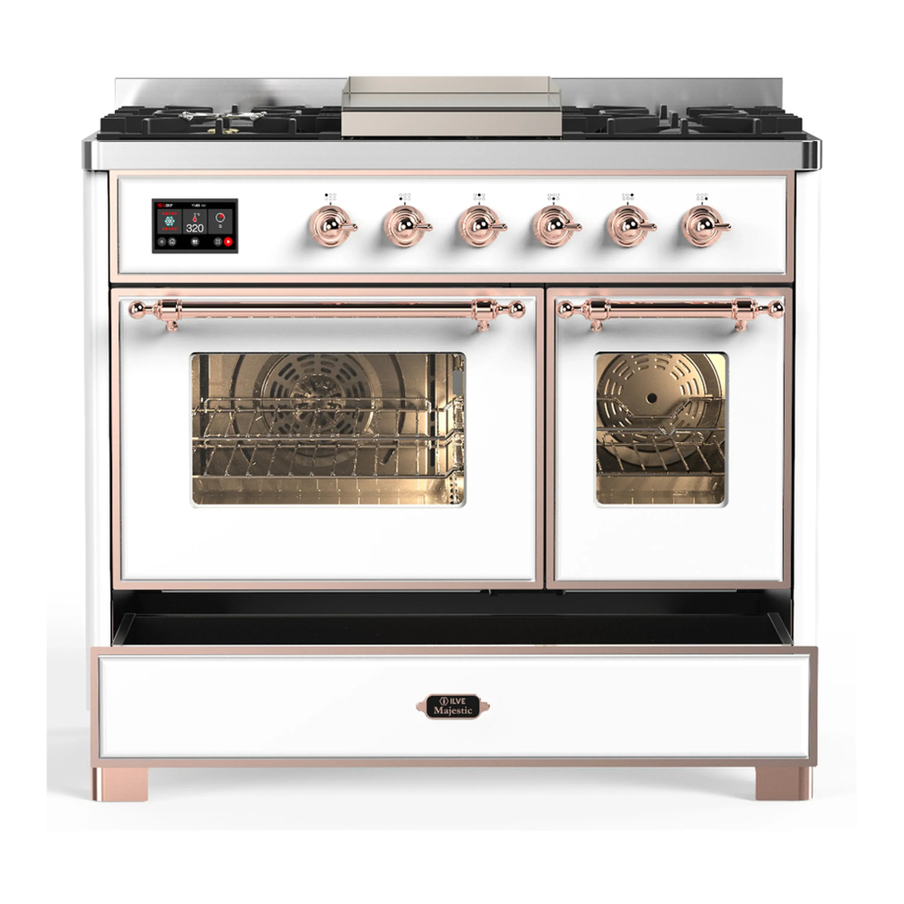 ILVE Majestic III 40-inch Dual Fuel Range with 6 Natural Gas Burner, Griddle and Triple Glass Door Electric Oven in White with Copper Trim (UMD40FNR3WHP) - Image 3