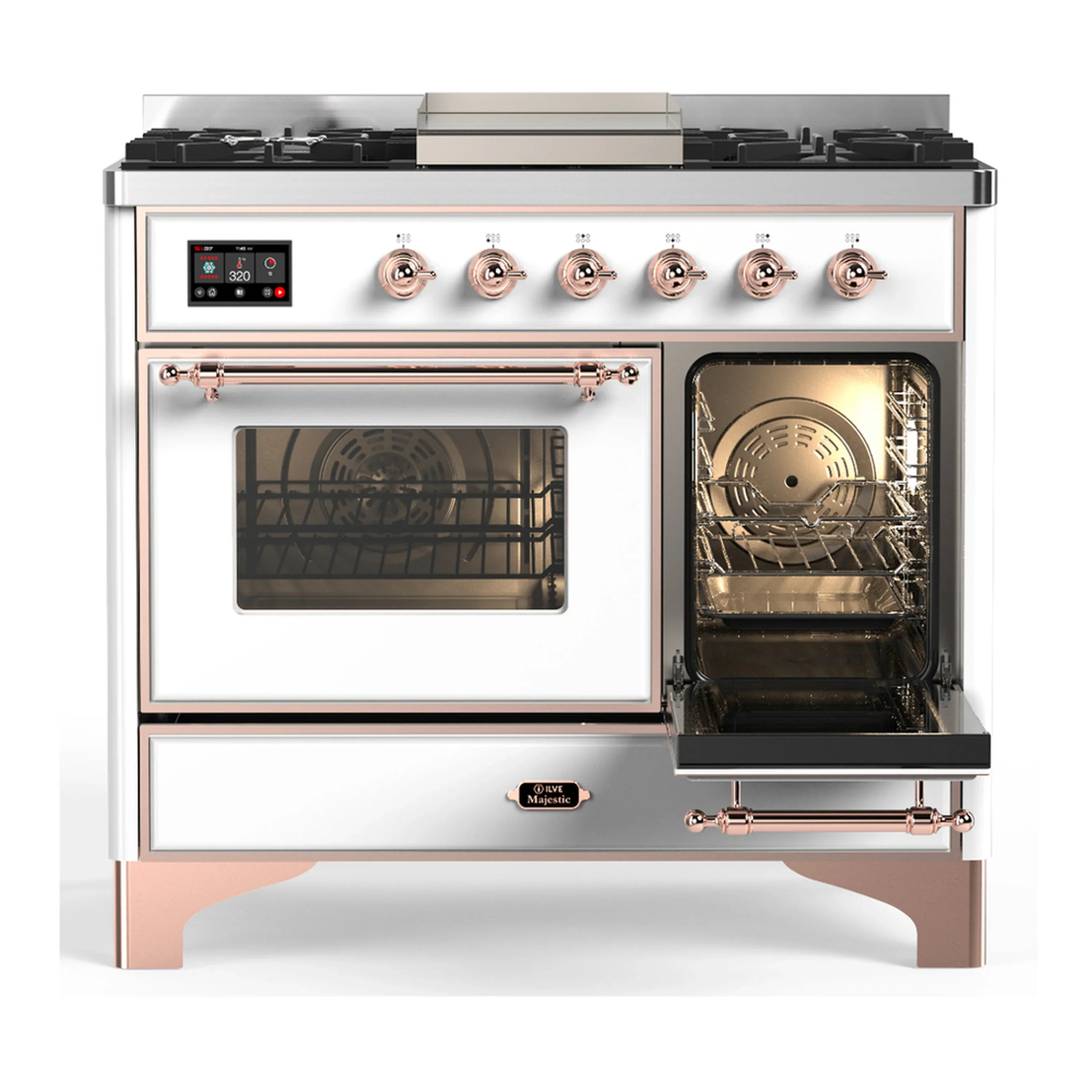 ILVE Majestic III 40-inch Dual Fuel Range with 6 Natural Gas Burner, Griddle and Triple Glass Door Electric Oven in White with Copper Trim (UMD40FNR3WHP) - Image 4