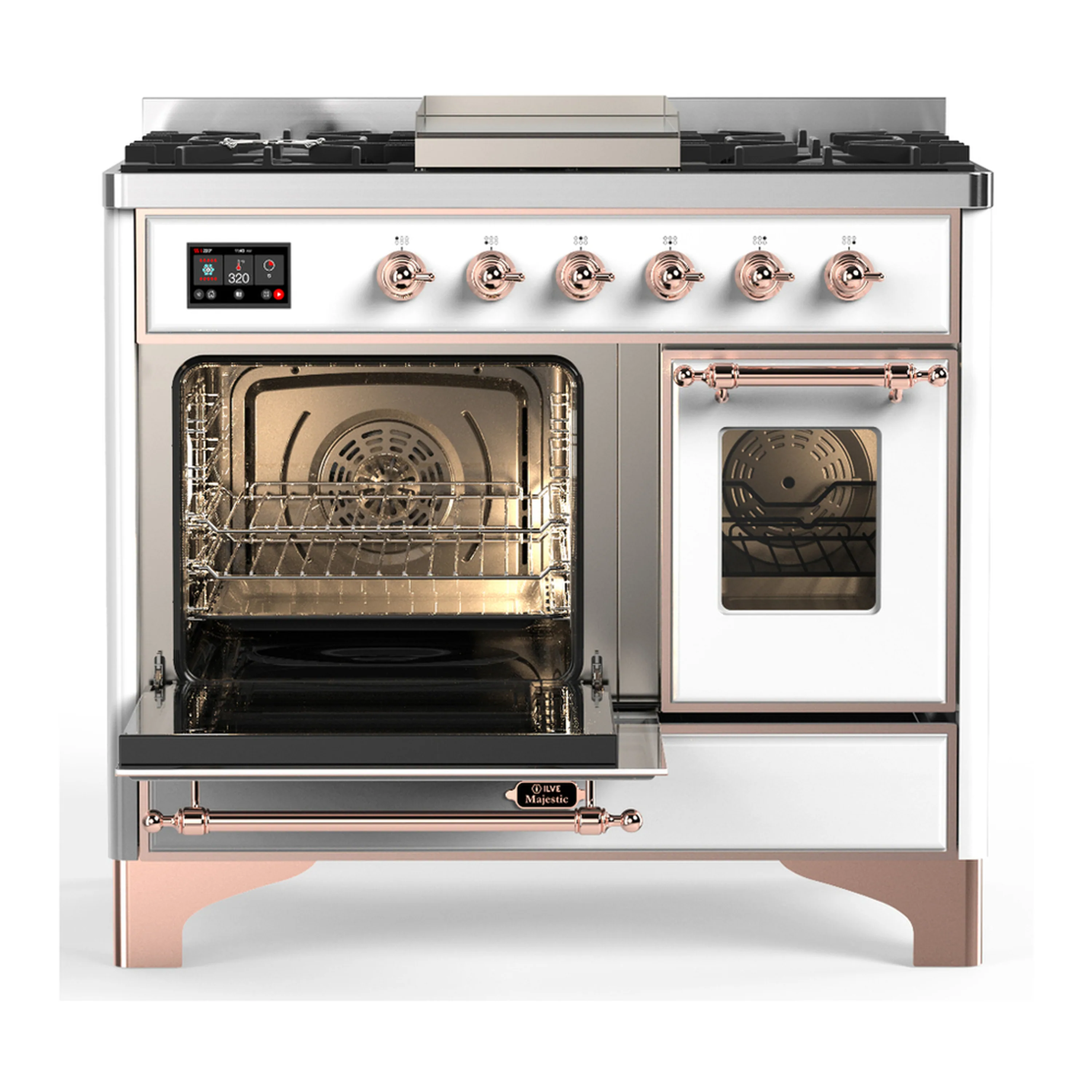 ILVE Majestic III 40-inch Dual Fuel Range with 6 Natural Gas Burner, Griddle and Triple Glass Door Electric Oven in White with Copper Trim (UMD40FNR3WHP) - Image 5