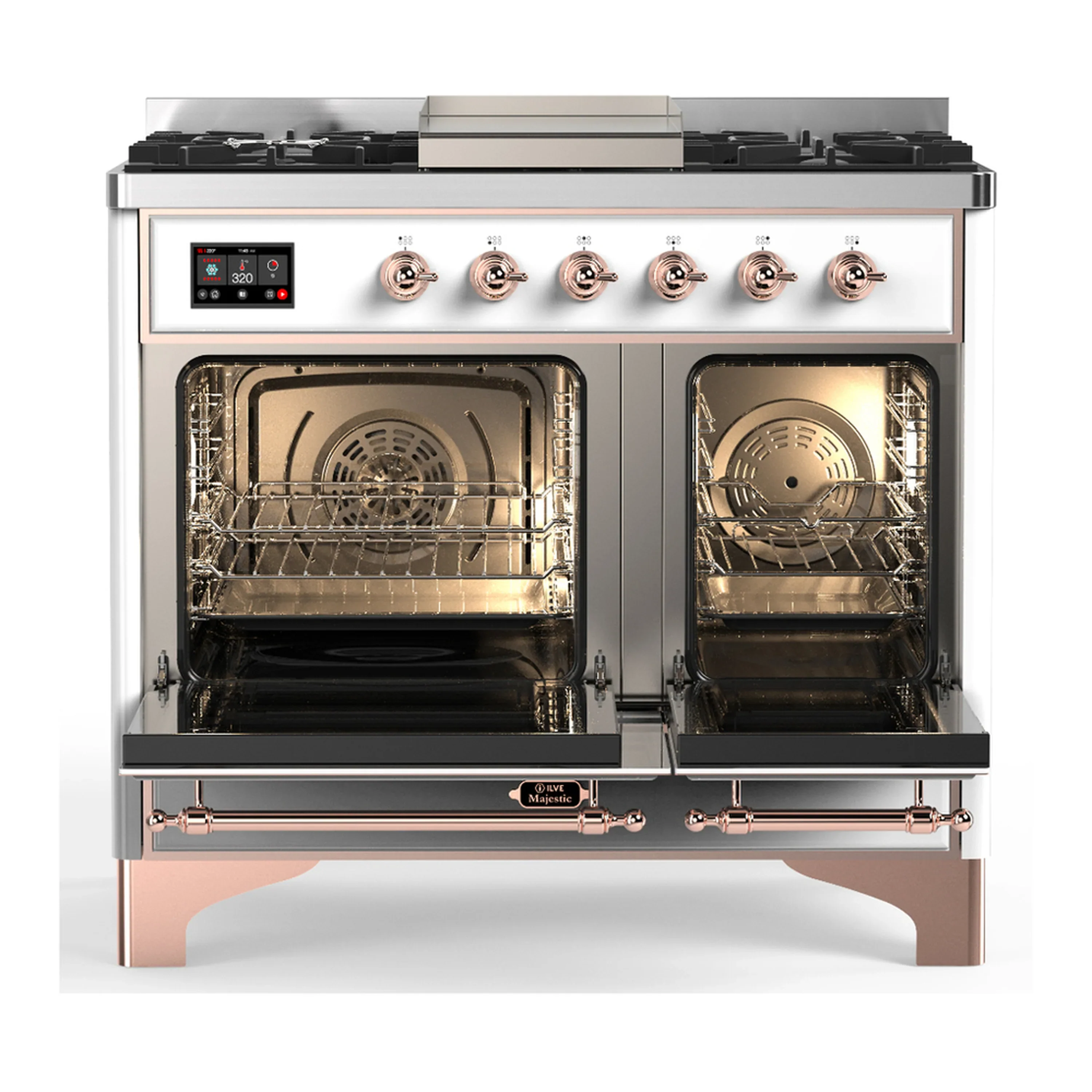 ILVE Majestic III 40-inch Dual Fuel Range with 6 Natural Gas Burner, Griddle and Triple Glass Door Electric Oven in White with Copper Trim (UMD40FNR3WHP) - Image 6