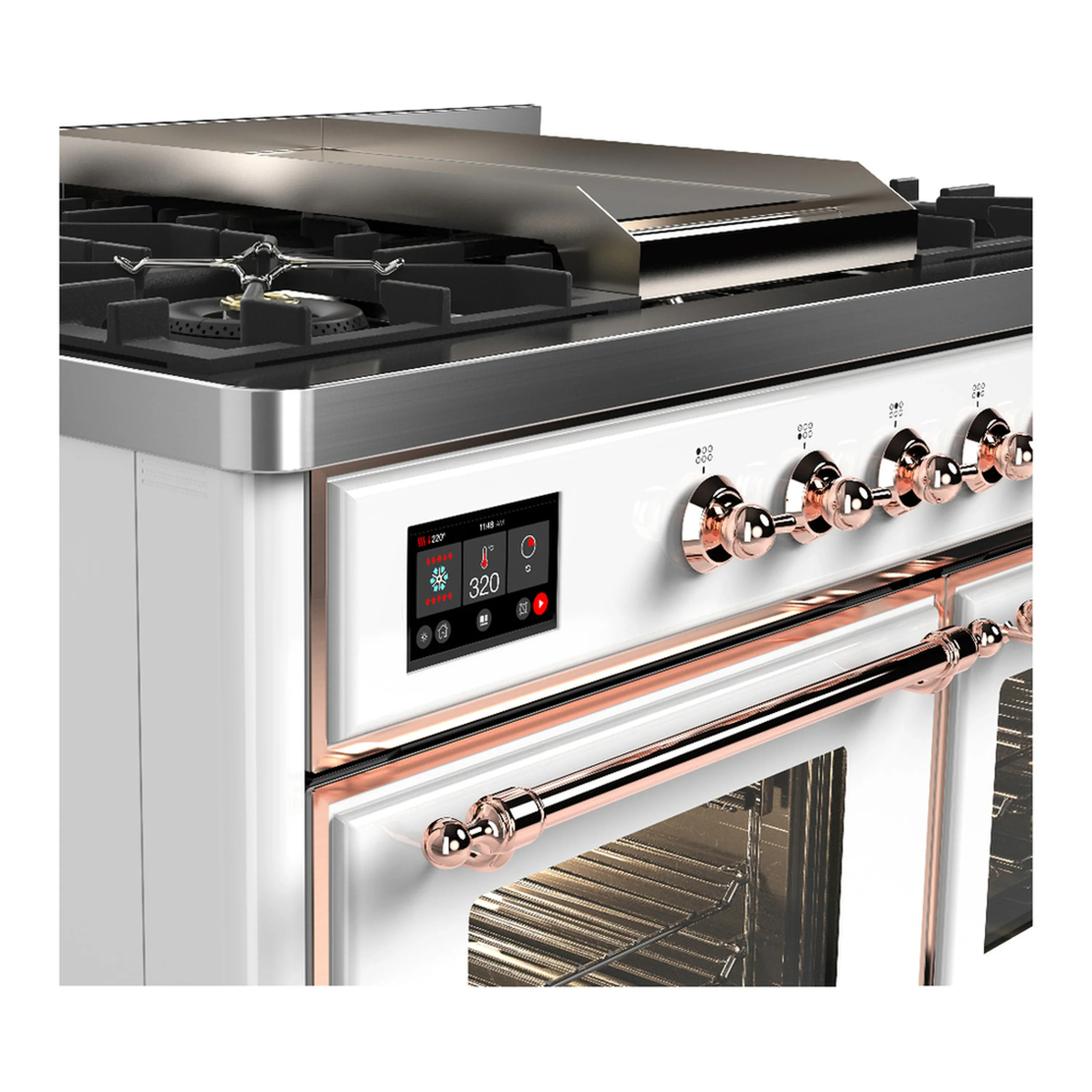 ILVE Majestic III 40-inch Dual Fuel Range with 6 Natural Gas Burner, Griddle and Triple Glass Door Electric Oven in White with Copper Trim (UMD40FNR3WHP) - Image 7