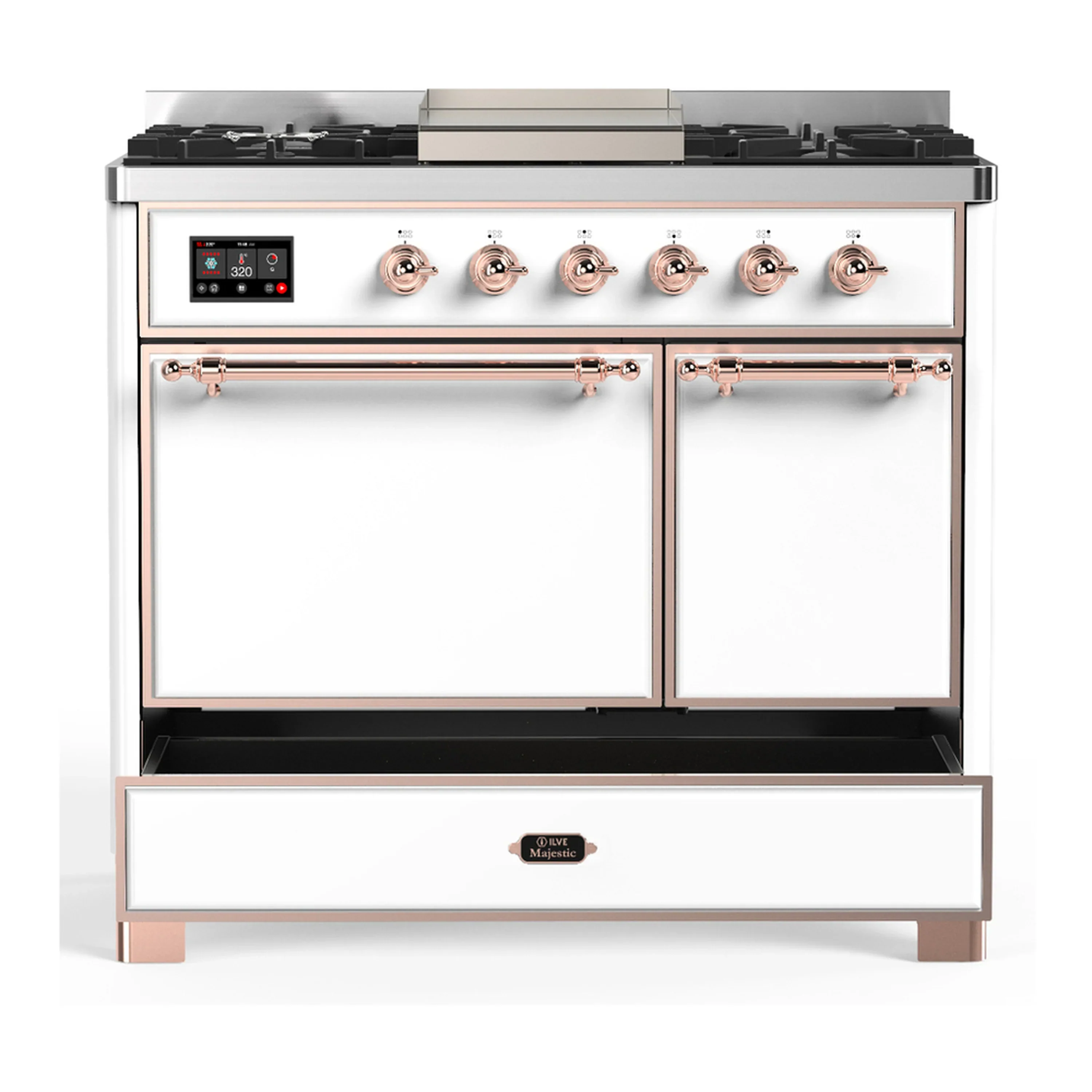 ILVE Majestic III 40-inch Dual Fuel Range with 6 Natural Gas Burner, Griddle and Solid Door Electric Oven in White with Copper Trim (UMD40FQNR3WHP) - Image 3