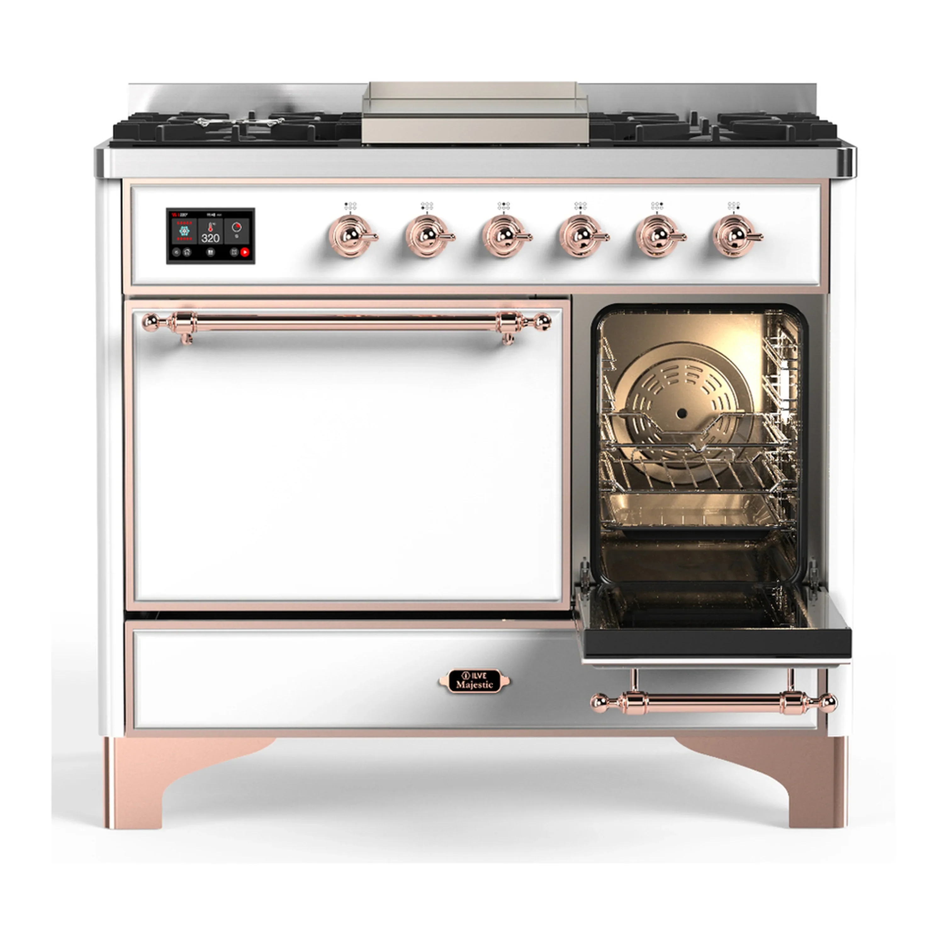 ILVE Majestic III 40-inch Dual Fuel Range with 6 Natural Gas Burner, Griddle and Solid Door Electric Oven in White with Copper Trim (UMD40FQNR3WHP) - Image 4