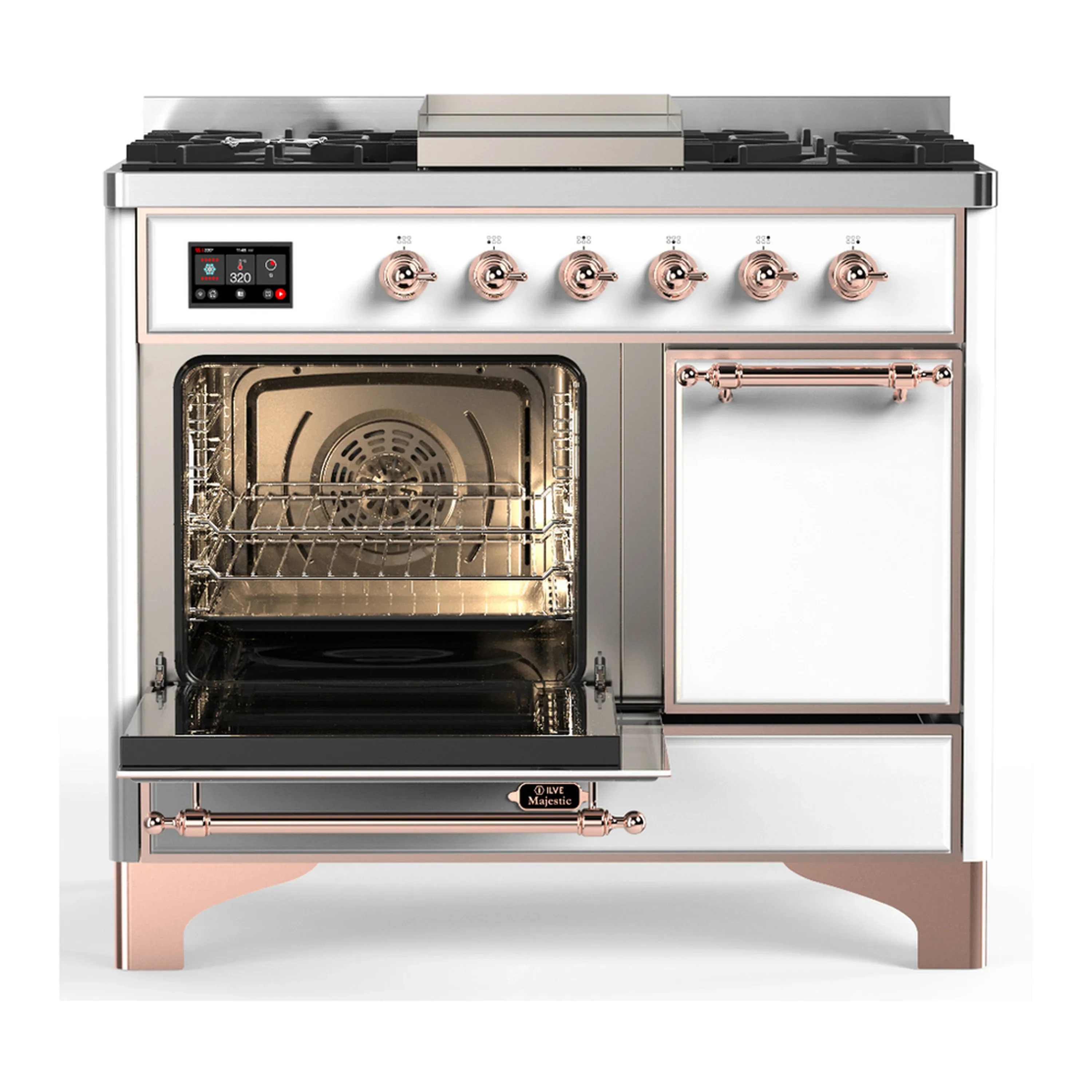 ILVE Majestic III 40-inch Dual Fuel Range with 6 Natural Gas Burner, Griddle and Solid Door Electric Oven in White with Copper Trim (UMD40FQNR3WHP) - Image 5