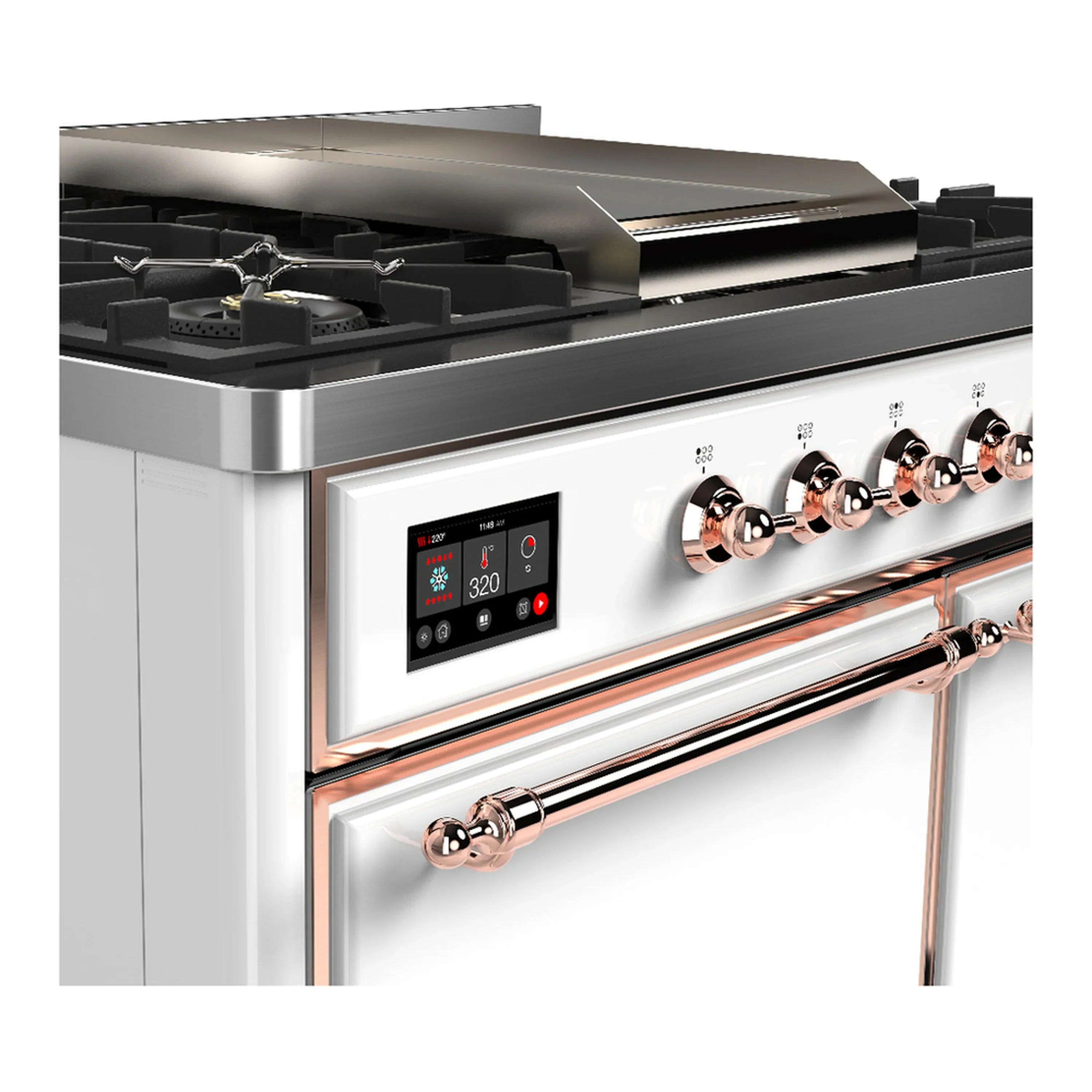 ILVE Majestic III 40-inch Dual Fuel Range with 6 Natural Gas Burner, Griddle and Solid Door Electric Oven in White with Copper Trim (UMD40FQNR3WHP) - Image 7