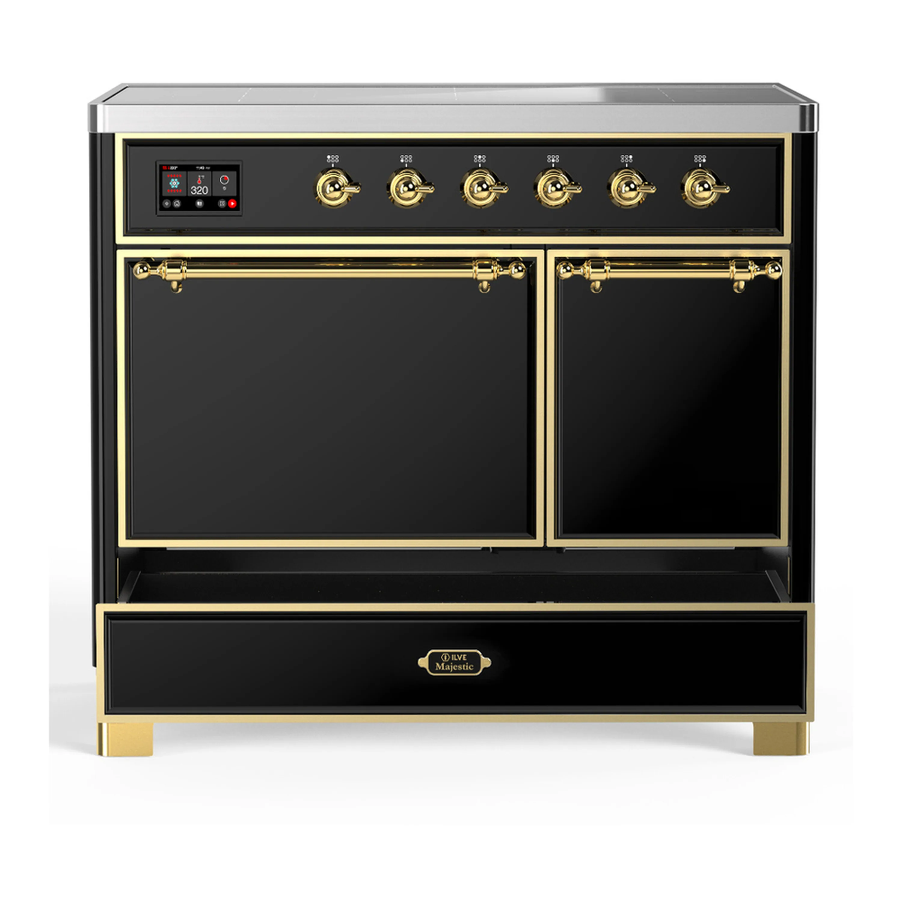ILVE Majestic III 40-Inch Induction Range with 6 Induction Elements and Solid Door Electric Oven in Glossy Black with Brass Trim (UMDIB40QNR3BKG) - Image 3