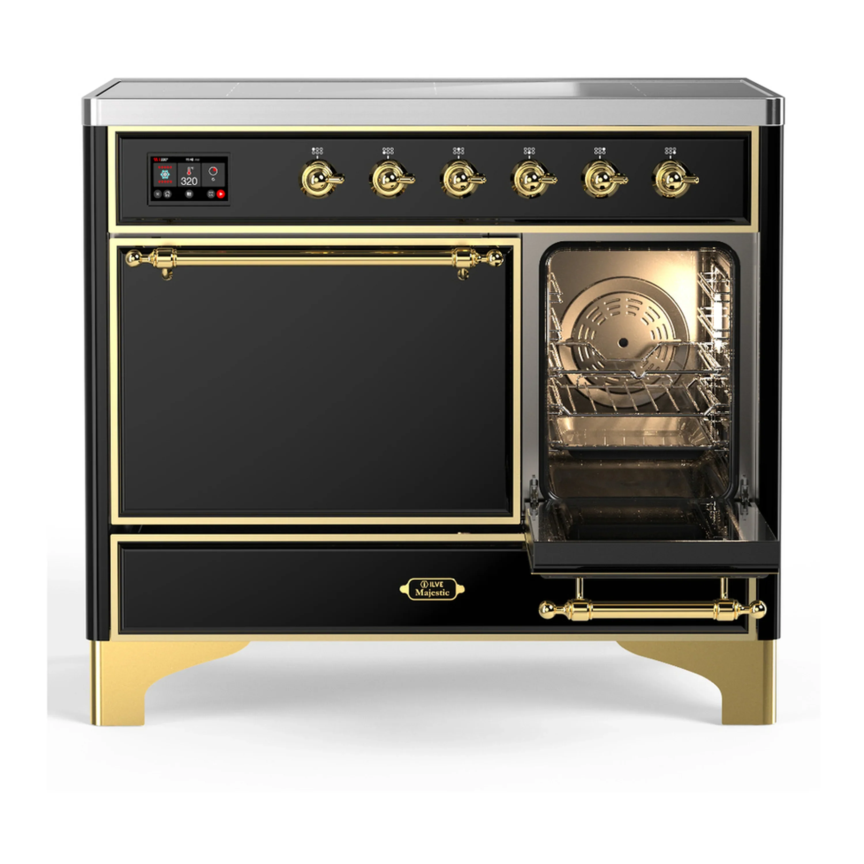 ILVE Majestic III 40-Inch Induction Range with 6 Induction Elements and Solid Door Electric Oven in Glossy Black with Brass Trim (UMDIB40QNR3BKG) - Image 4