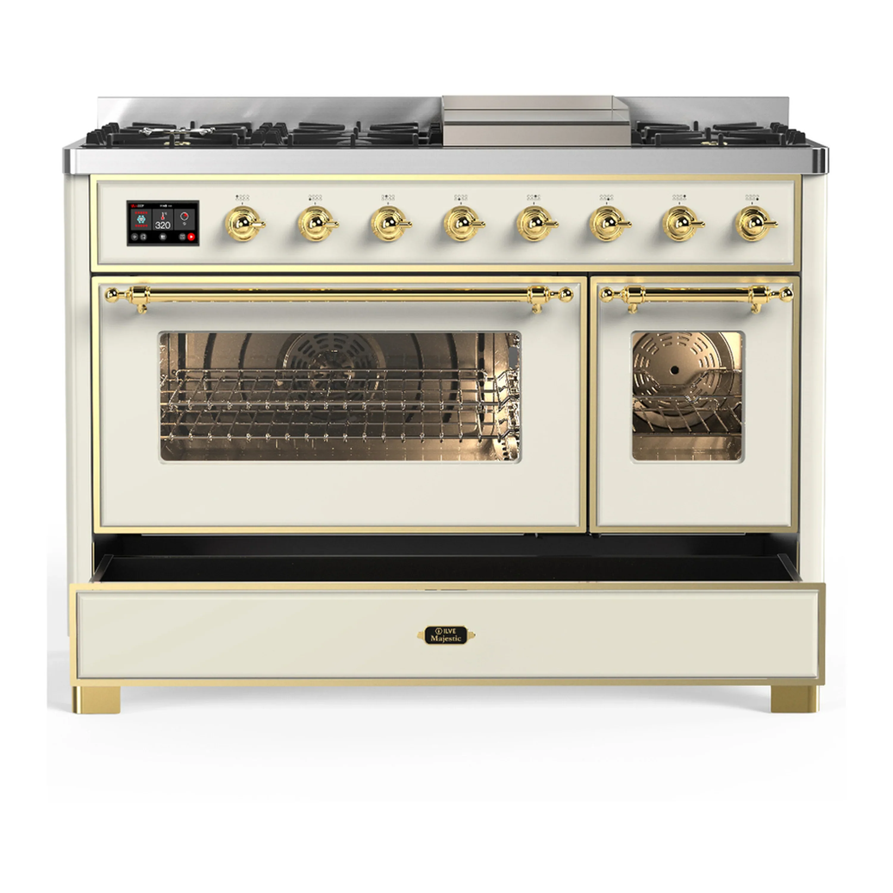 ILVE Majestic III 48-inch Dual Fuel Range with 5 Natural Gas Burner, Griddle and Triple Glass Door Electric Oven in Antique White with Brass Trim (UM48FNR3AWG) - Image 3