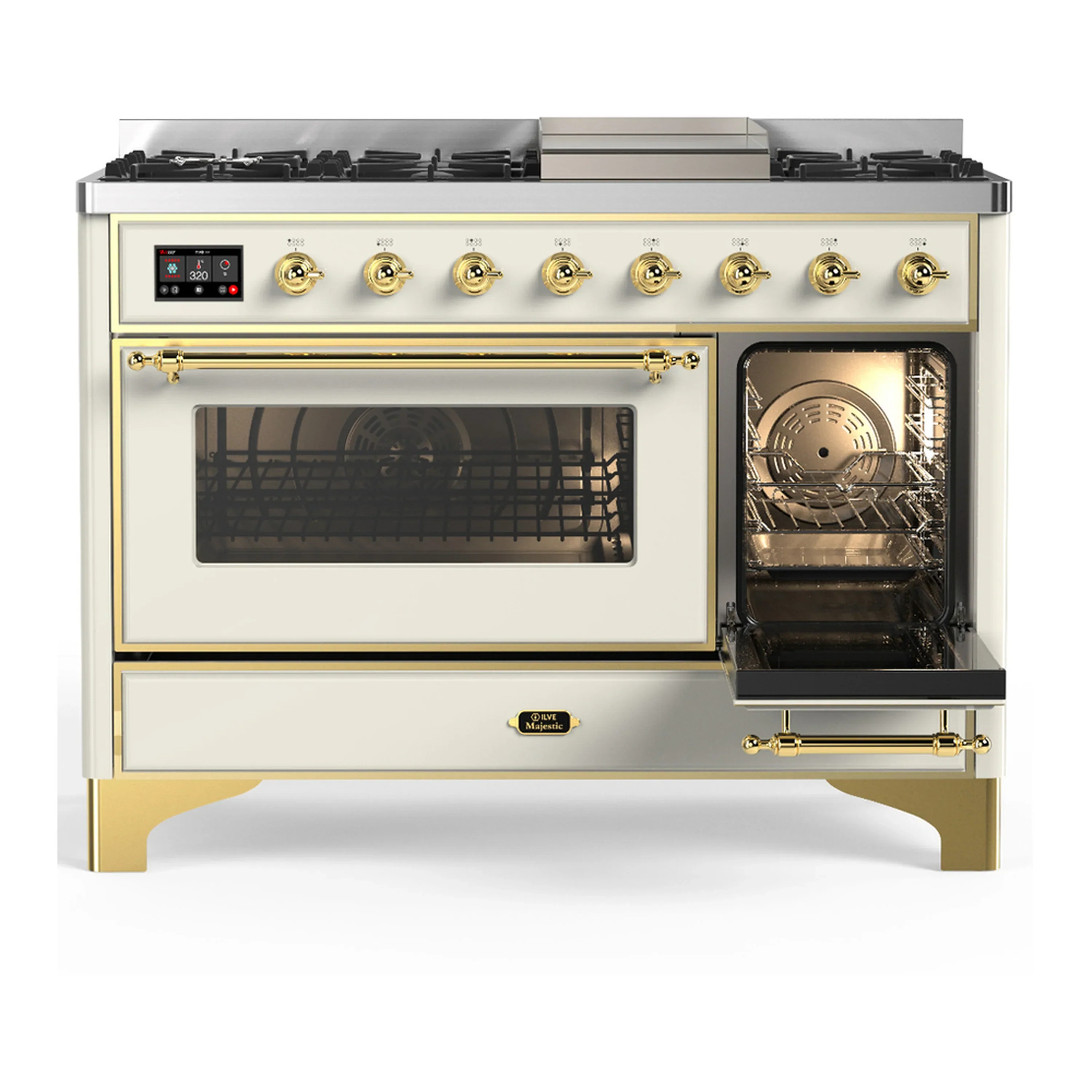 ILVE Majestic III 48-inch Dual Fuel Range with 5 Natural Gas Burner, Griddle and Triple Glass Door Electric Oven in Antique White with Brass Trim (UM48FNR3AWG) - Image 4