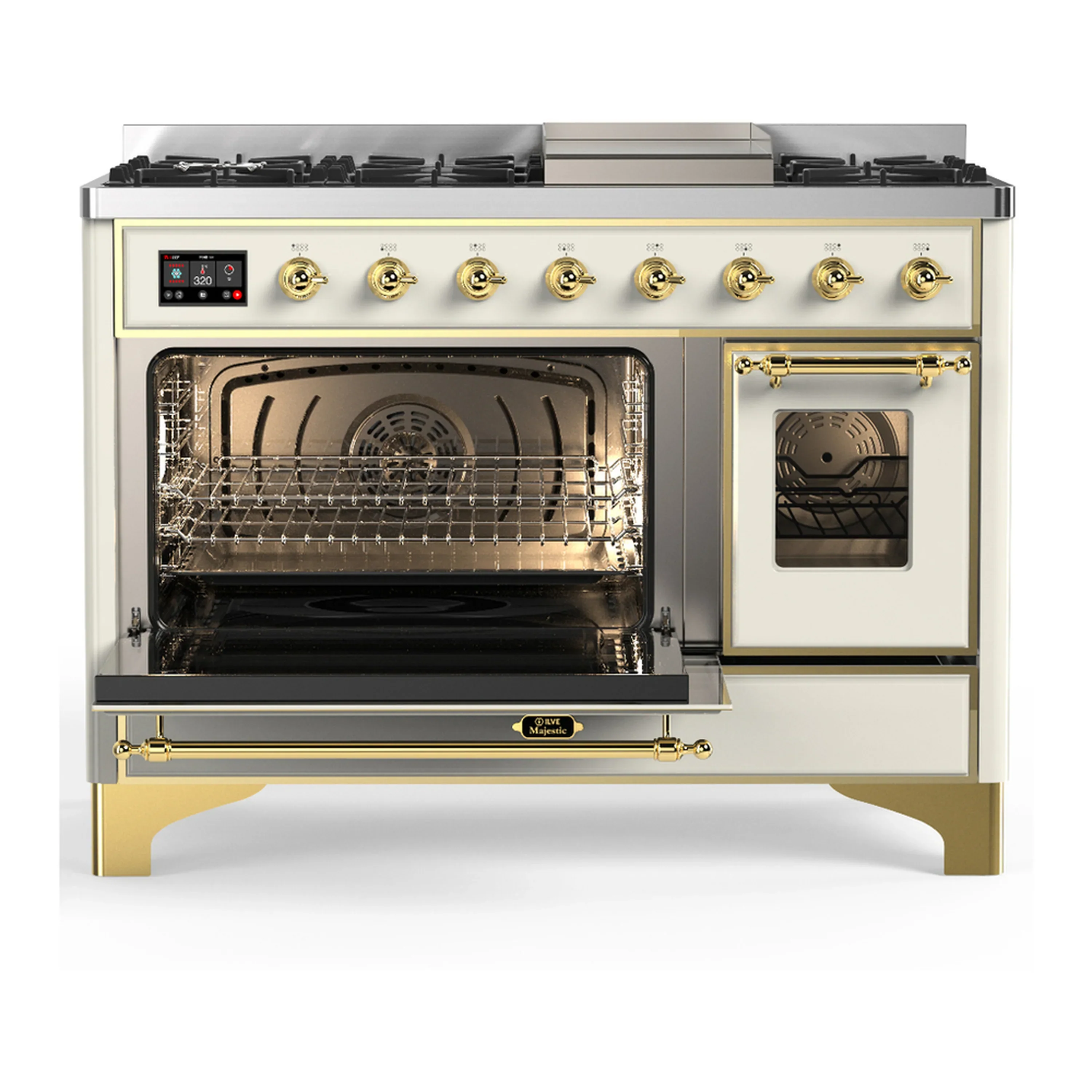 ILVE Majestic III 48-inch Dual Fuel Range with 5 Natural Gas Burner, Griddle and Triple Glass Door Electric Oven in Antique White with Brass Trim (UM48FNR3AWG) - Image 5