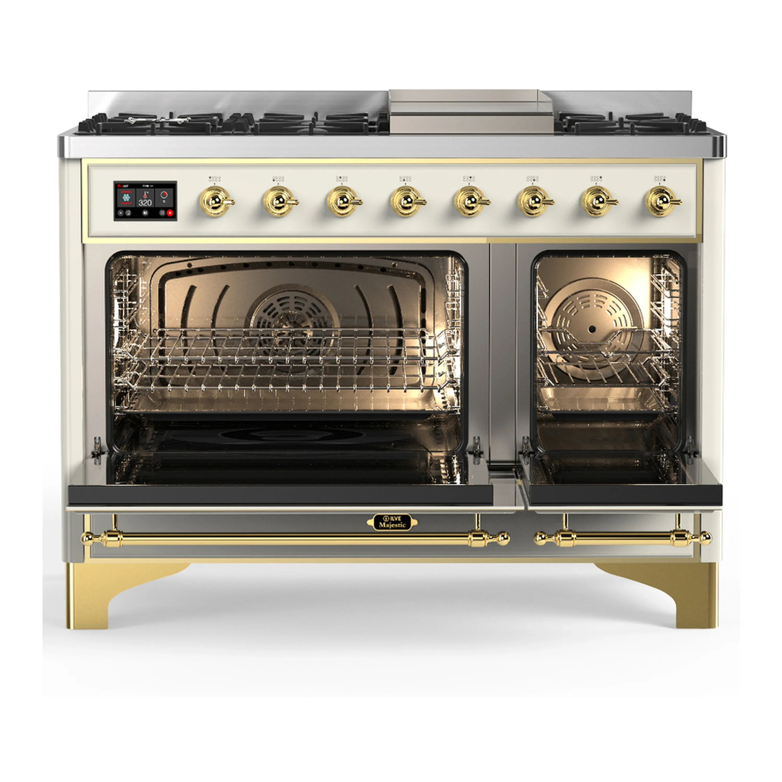 ILVE Majestic III 48-inch Dual Fuel Range with 5 Natural Gas Burner, Griddle and Triple Glass Door Electric Oven in Antique White with Brass Trim (UM48FNR3AWG) - Image 6
