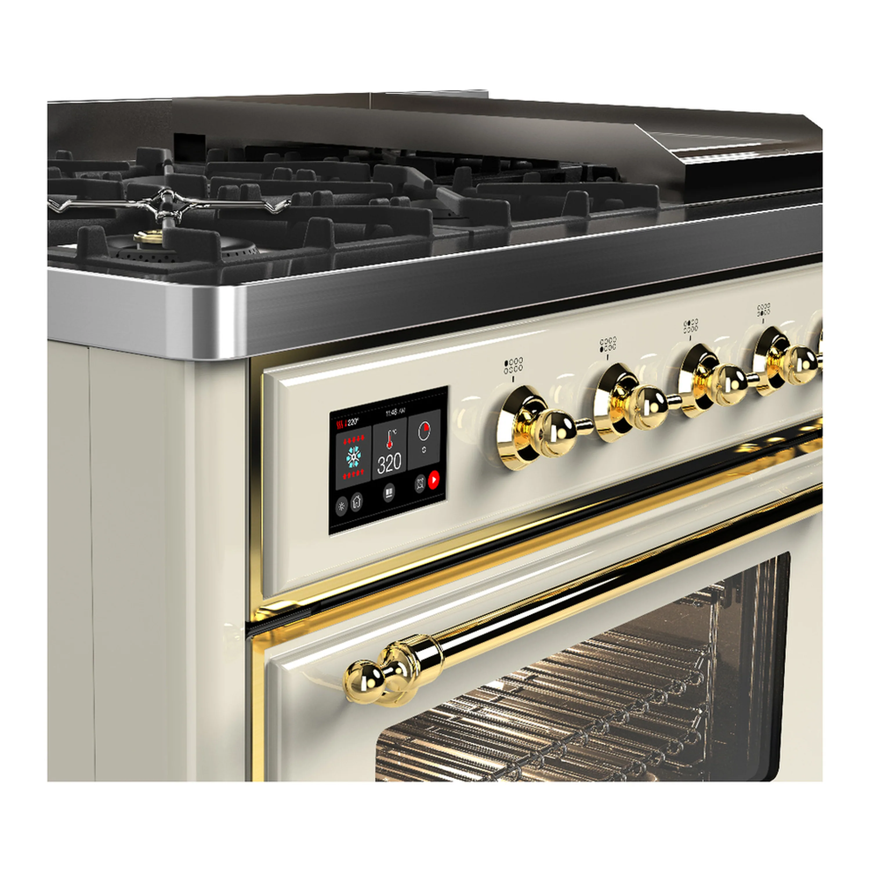 ILVE Majestic III 48-inch Dual Fuel Range with 5 Natural Gas Burner, Griddle and Triple Glass Door Electric Oven in Antique White with Brass Trim (UM48FNR3AWG) - Image 7