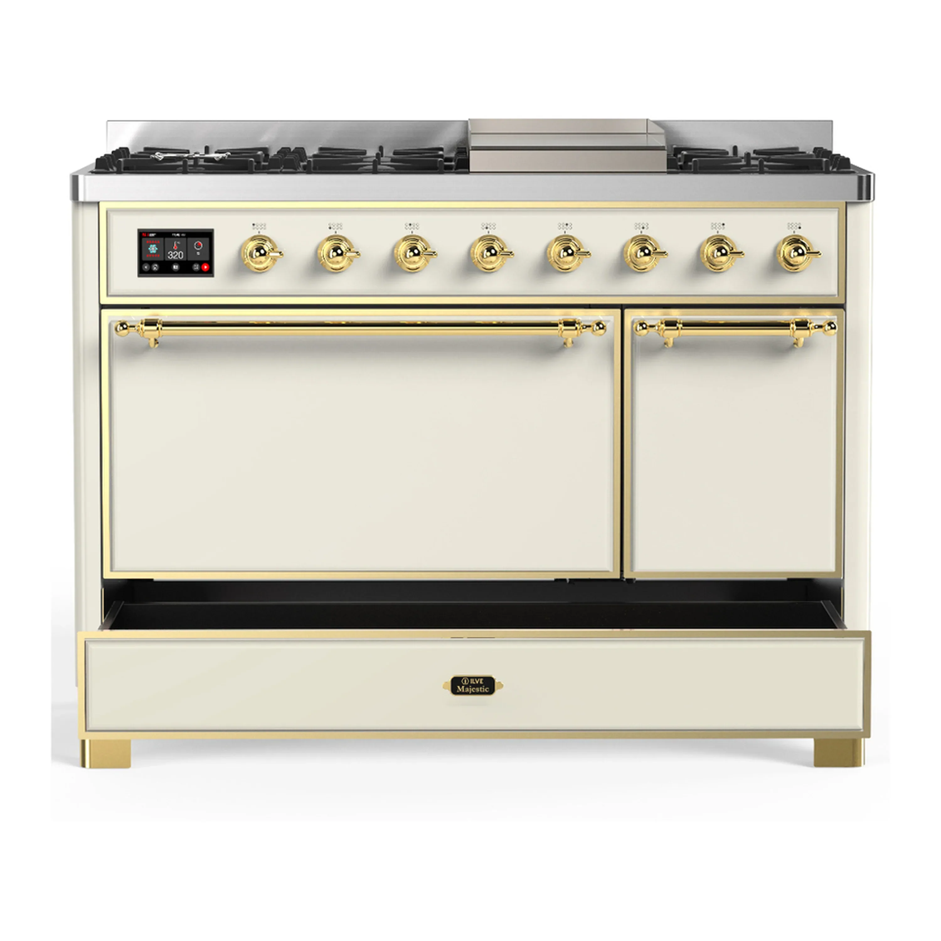ILVE Majestic III 48-inch Dual Fuel Range with 5 Liquid Propane Burner, Griddle and Solid Door Electric Oven in Antique White with Brass Trim (UM48FQNR3AWGLP) - Image 3