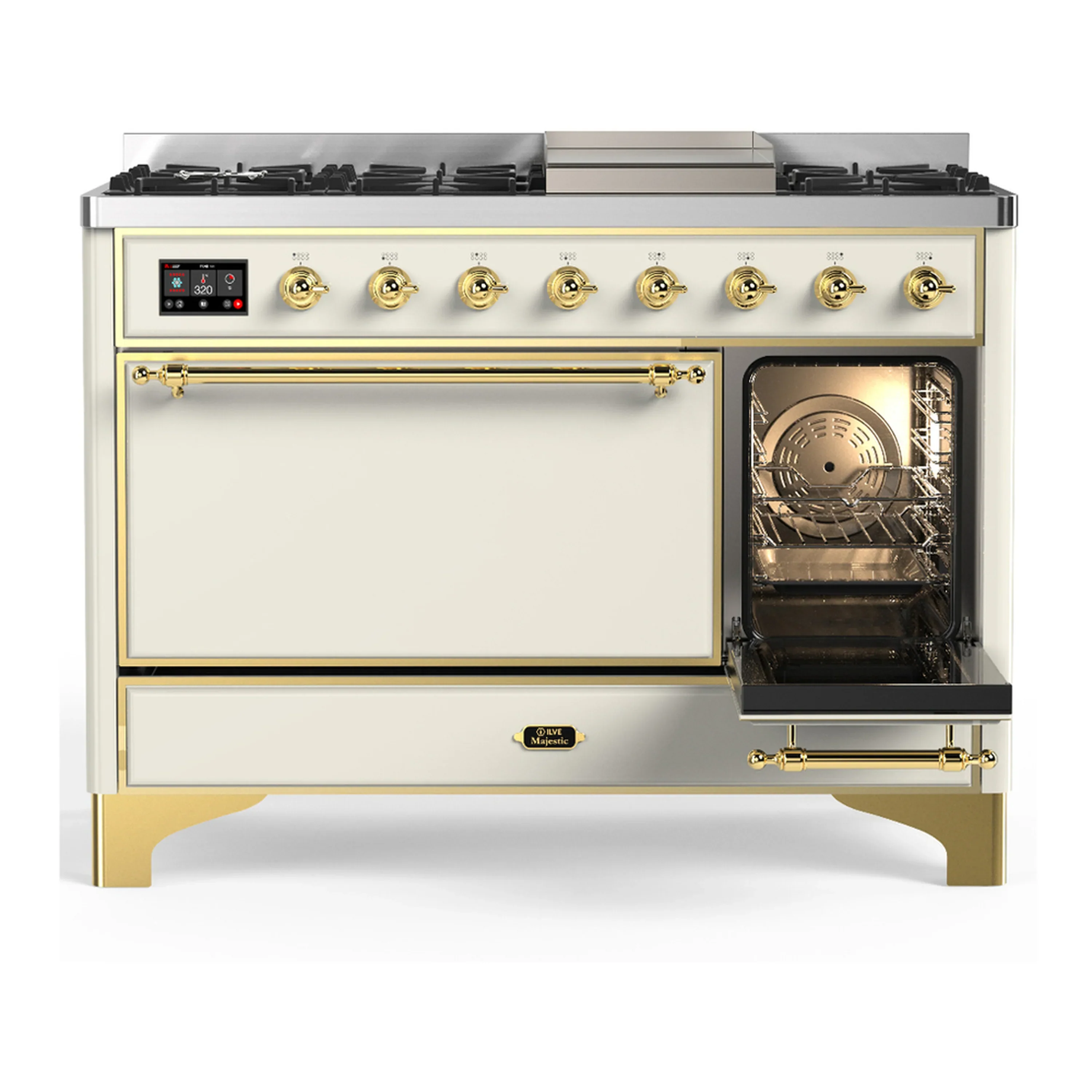 ILVE Majestic III 48-inch Dual Fuel Range with 5 Liquid Propane Burner, Griddle and Solid Door Electric Oven in Antique White with Brass Trim (UM48FQNR3AWGLP) - Image 4