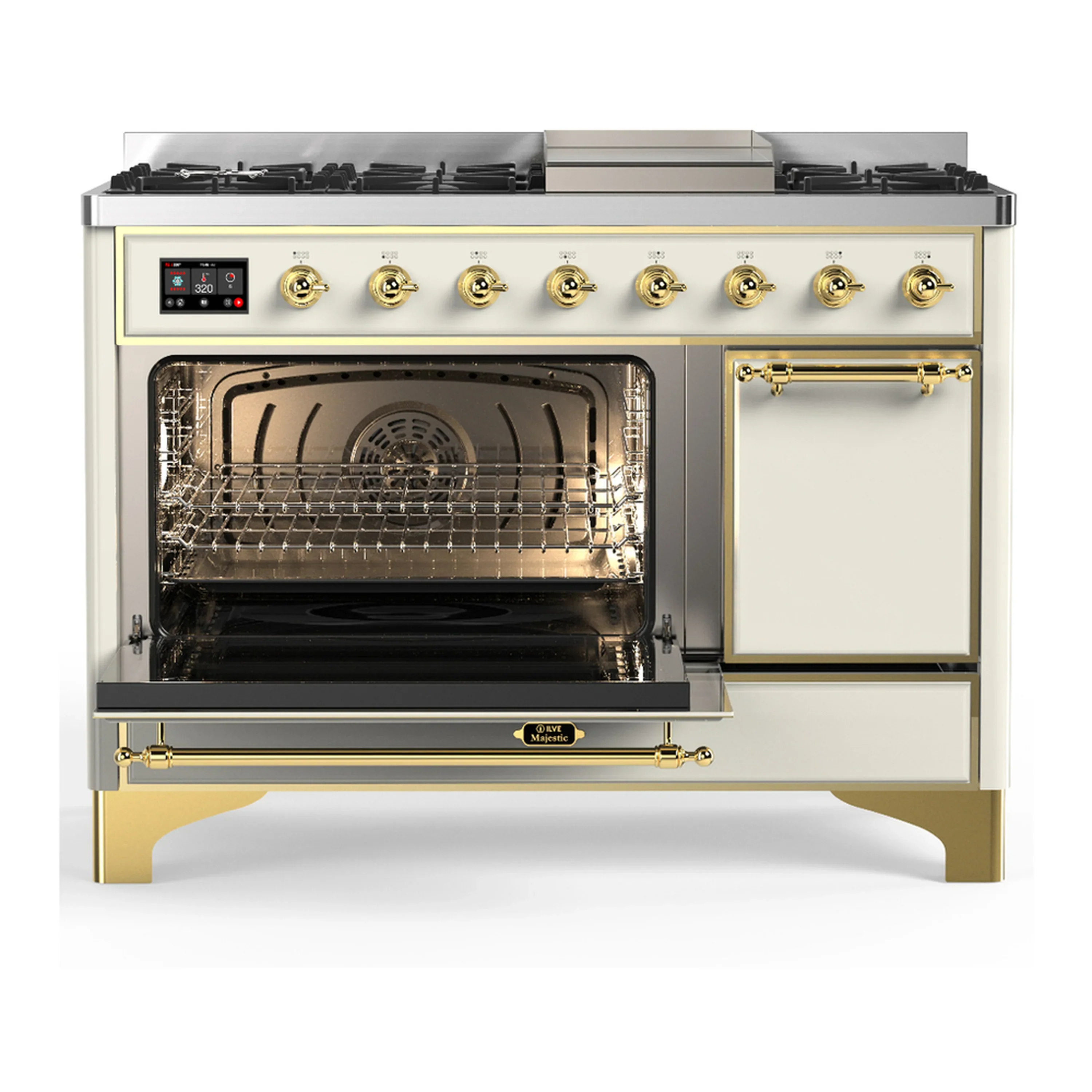 ILVE Majestic III 48-inch Dual Fuel Range with 5 Liquid Propane Burner, Griddle and Solid Door Electric Oven in Antique White with Brass Trim (UM48FQNR3AWGLP) - Image 5