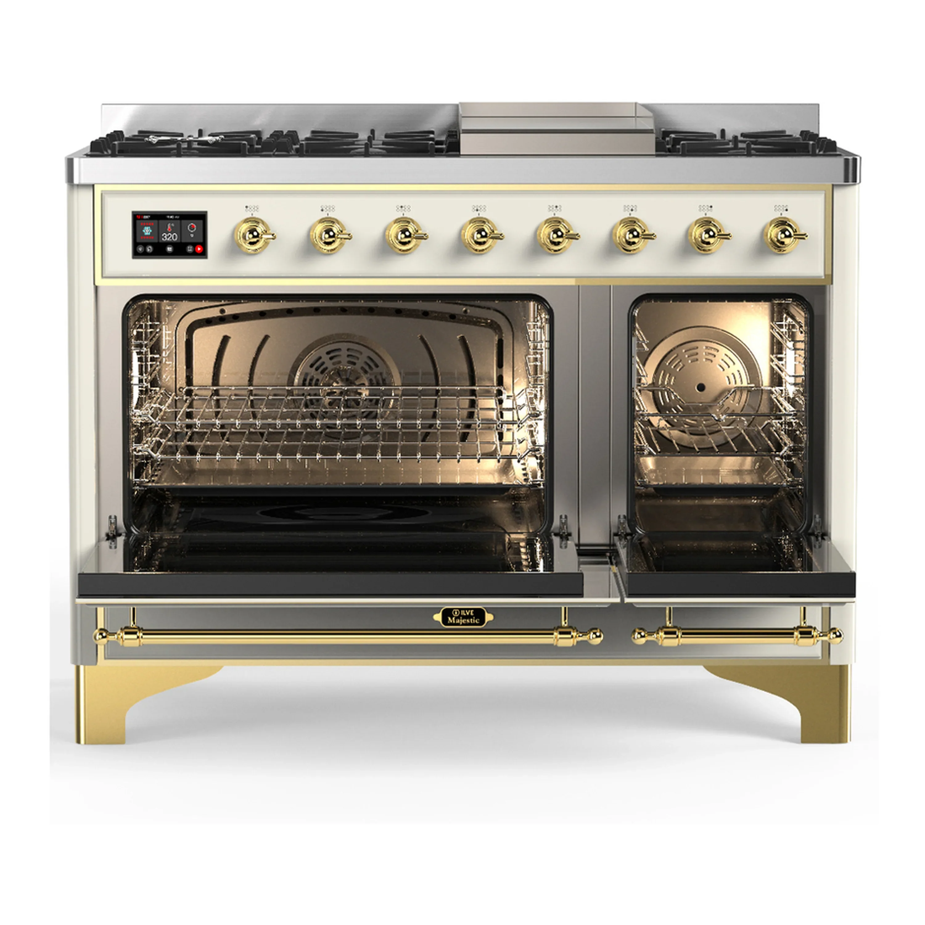 ILVE Majestic III 48-inch Dual Fuel Range with 5 Liquid Propane Burner, Griddle and Solid Door Electric Oven in Antique White with Brass Trim (UM48FQNR3AWGLP) - Image 6